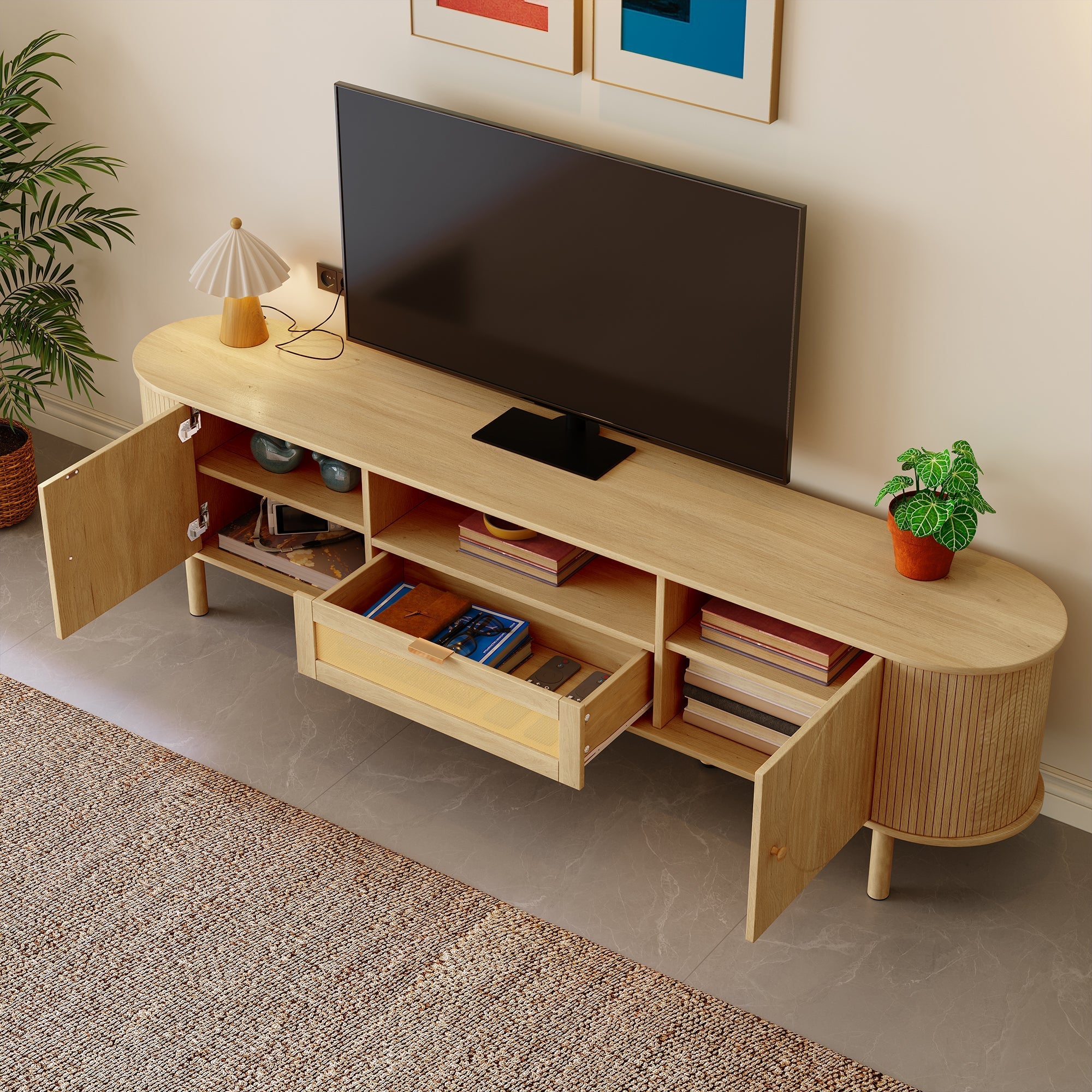 Modern TV Cabinet, Rattan Drawers Open Compartments Rounded Top, Wood Look Metal Legs