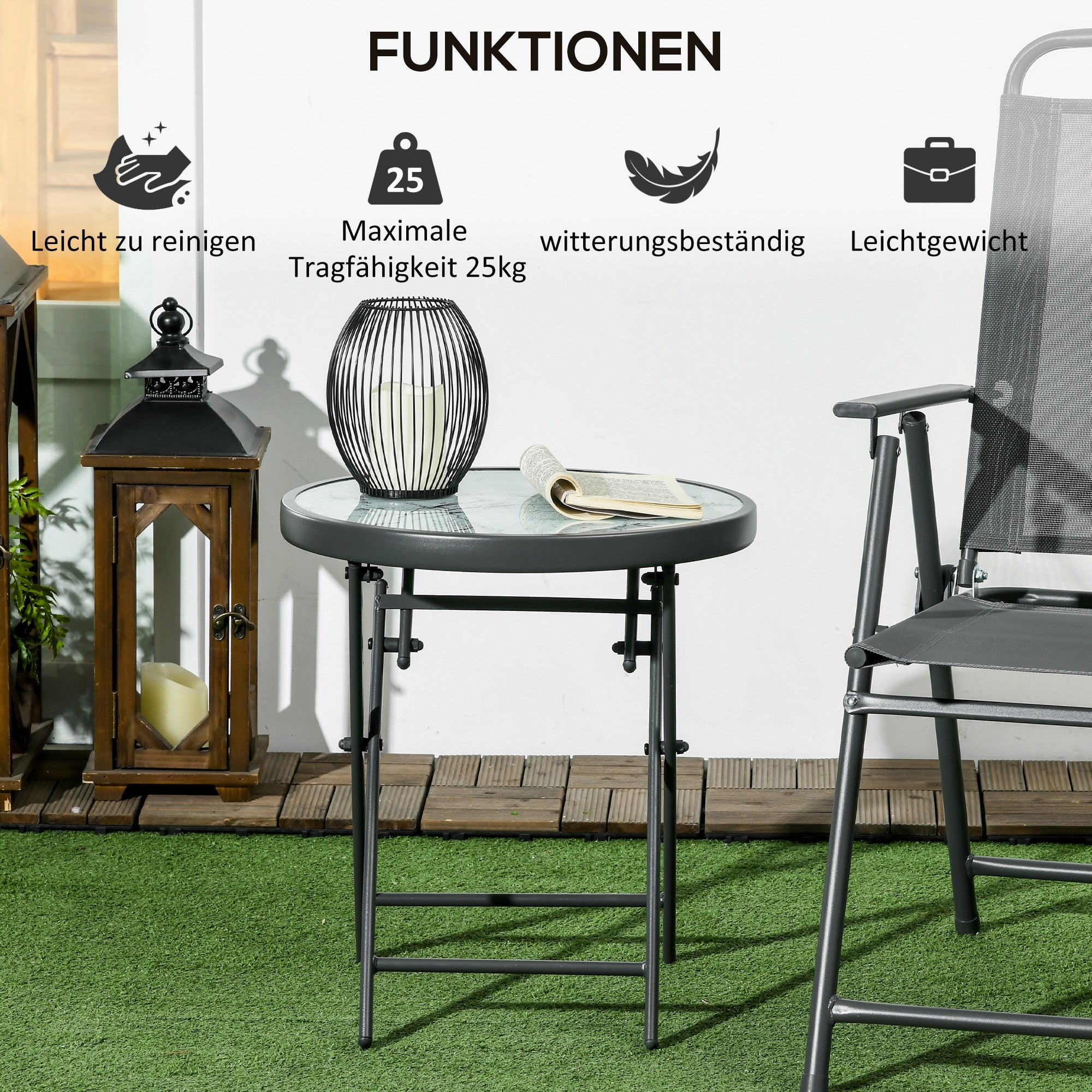 Folding Side Table, Round Glass Marble Look 45x50cm, White