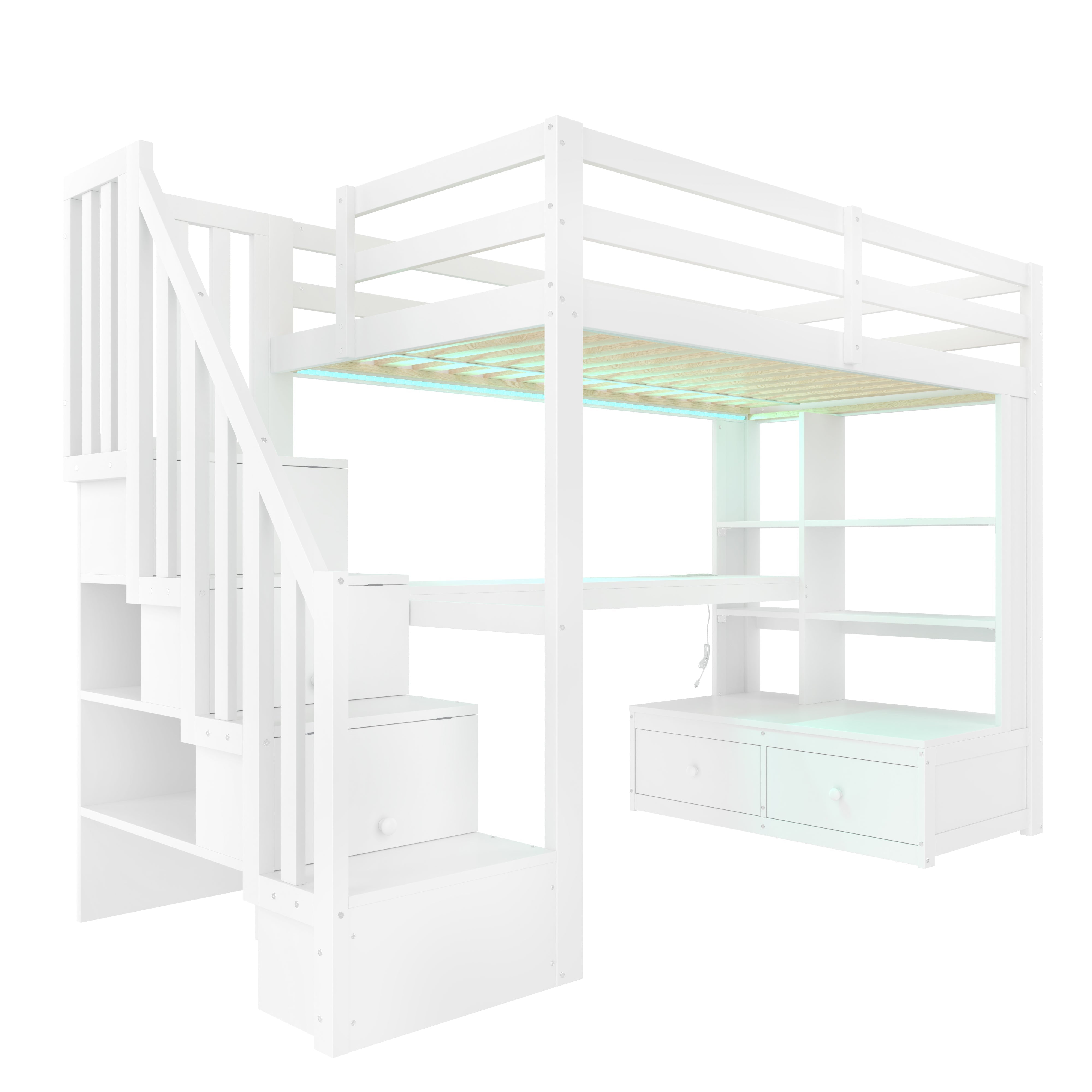 Loft Bed 90x200cm Desk Shelves Drawers Storage Stairs White