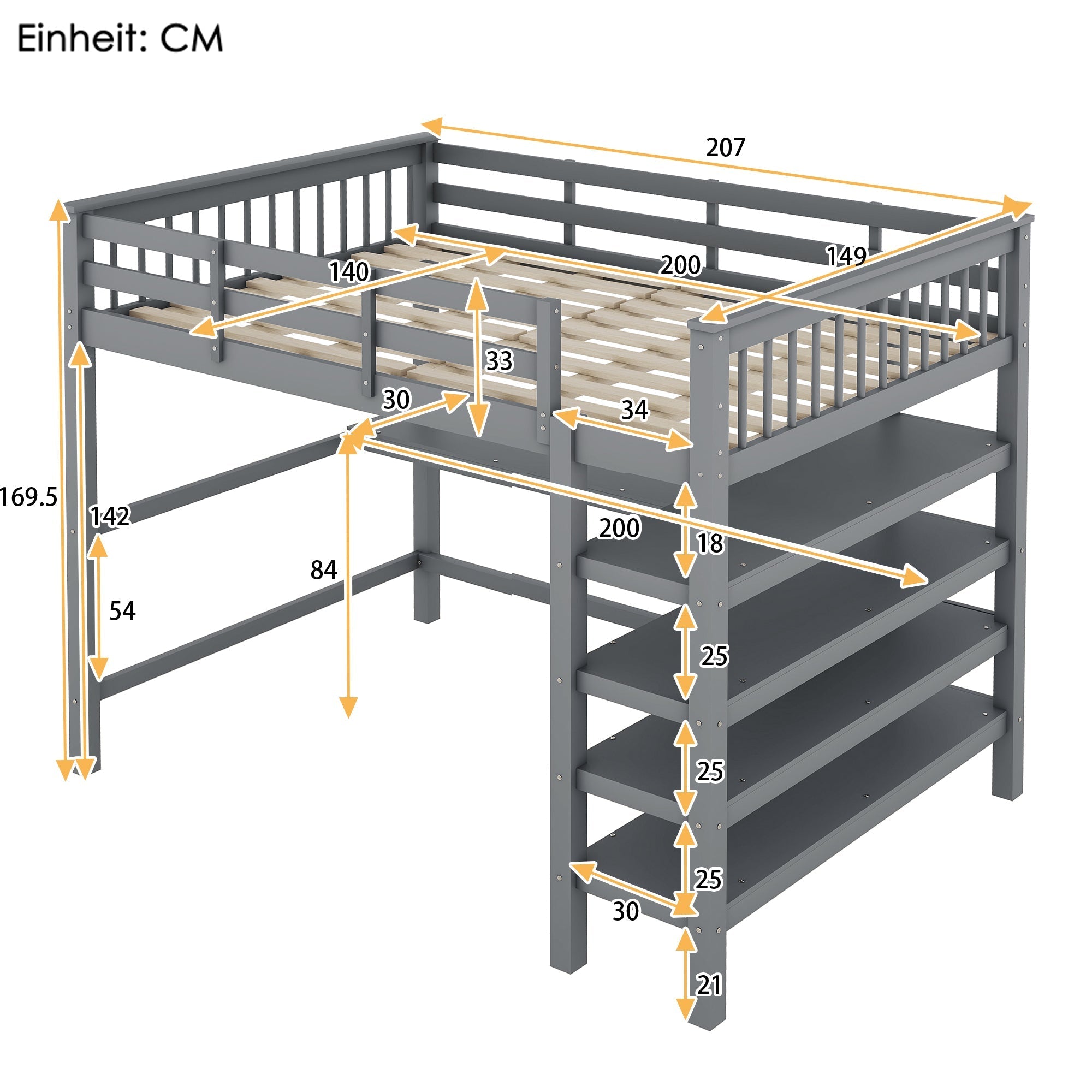 Loft Bed 140x200cm Storage Compartments Desk - Grey