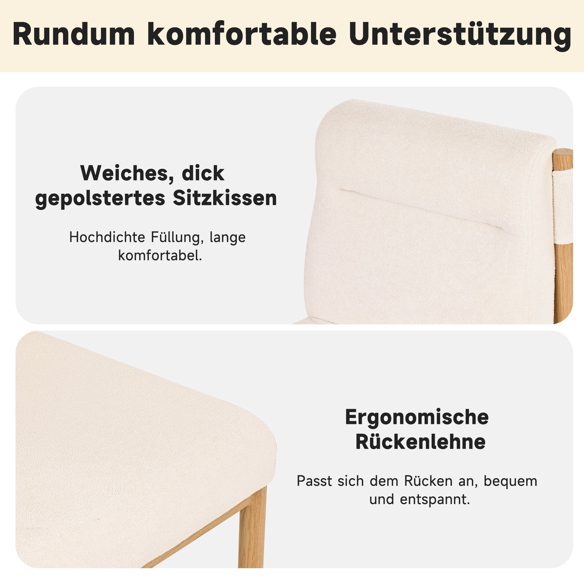 Dining Chairs Set of 6 Modern Oak-Effect Frame Padded Seat - Sherpa Fabric Beige