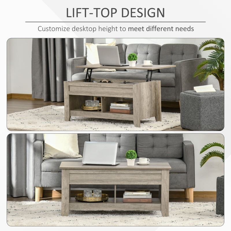 Lift Top Coffee Table with Hidden Storage and Open Shelves, Oak Effect