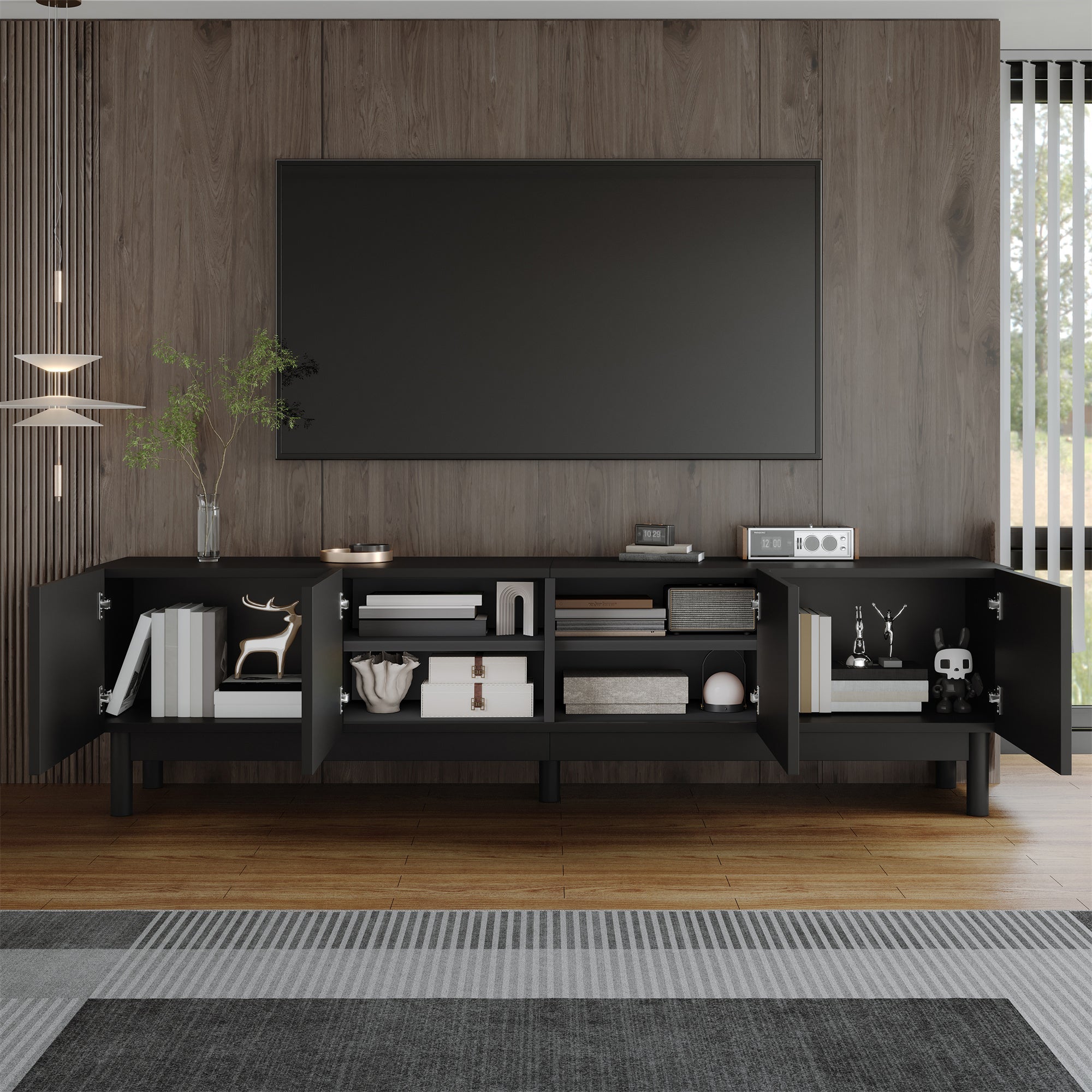 Lowboard TV Cabinet Curved Wave Doors Shelves Stand Legs
