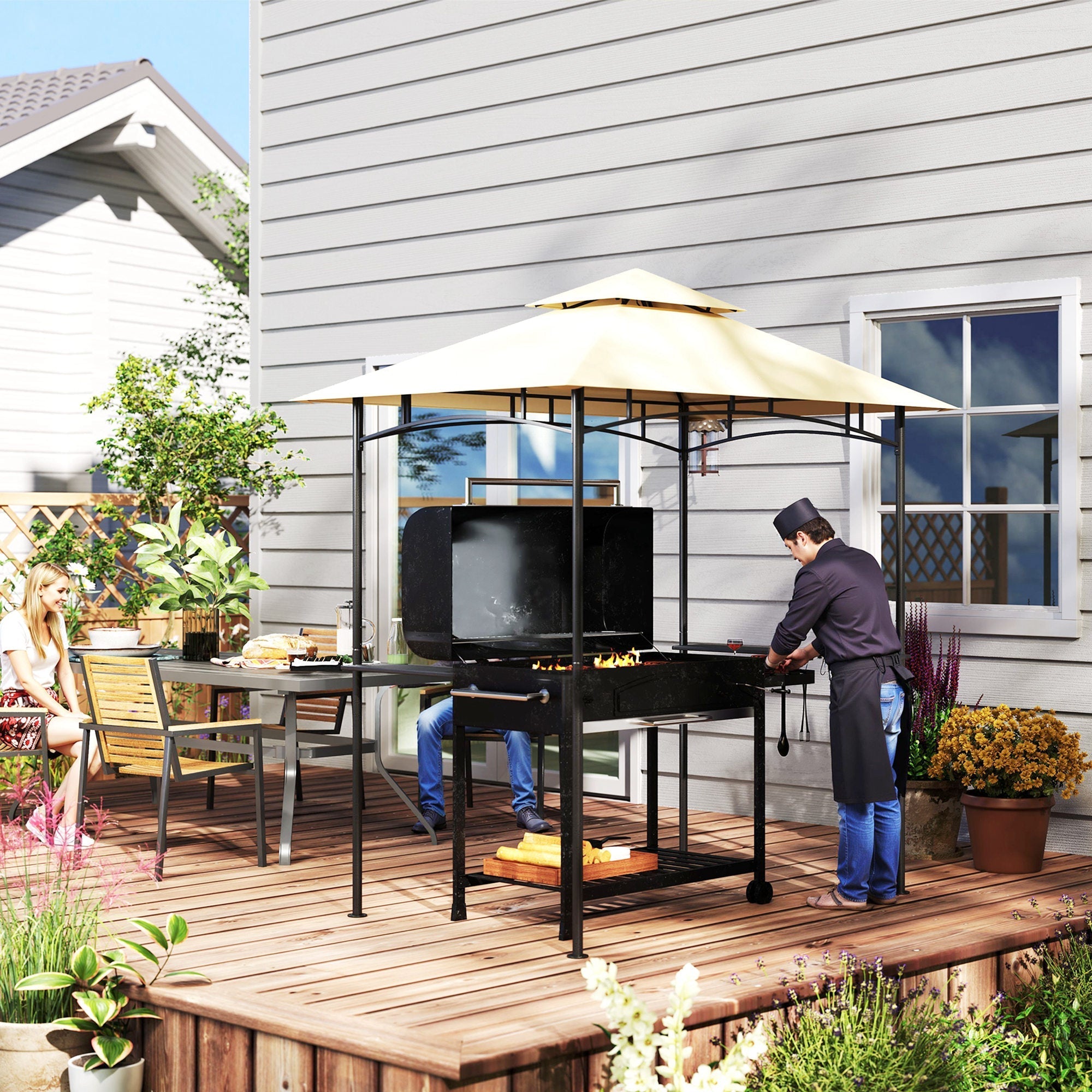 BBQ Pavilion, LED Double-layer Roof Side Shelves, Beige
