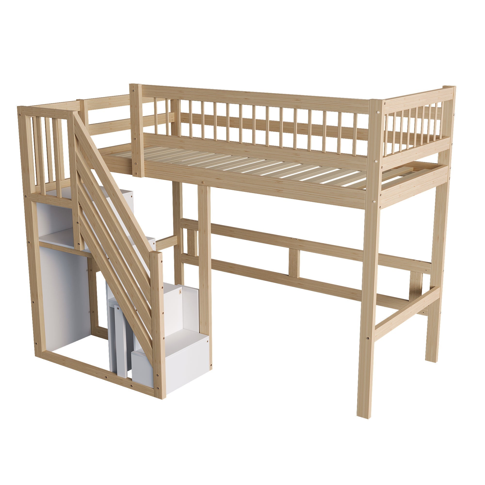 Solid Wood Bed, 90x200, Storage Stairs, High Version, Wood Color