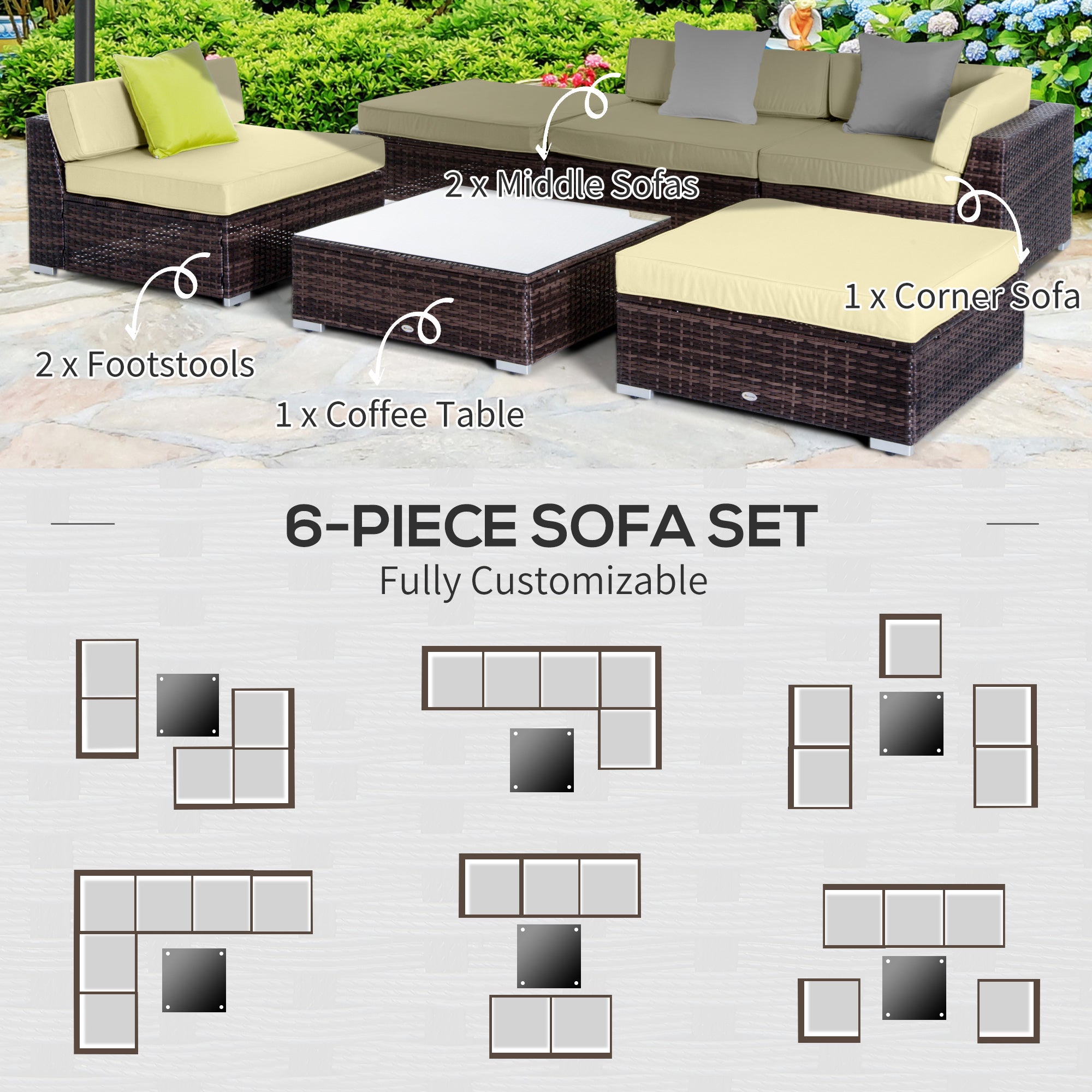 6 PC Rattan Sofa Coffee Table Set Sectional Wicker Weave Furniture Outdoor w/ Pillow Cushion Brown