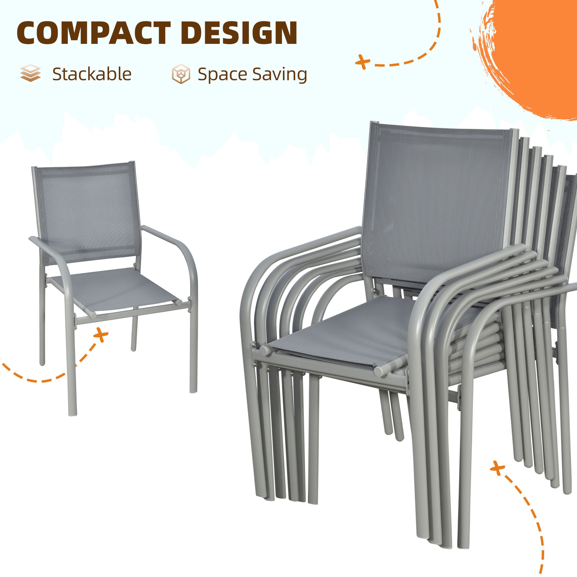 7 Piece Garden Dining Set, Table with 6 Stackable Chairs, Steel Frame & Tempered Glass, Grey