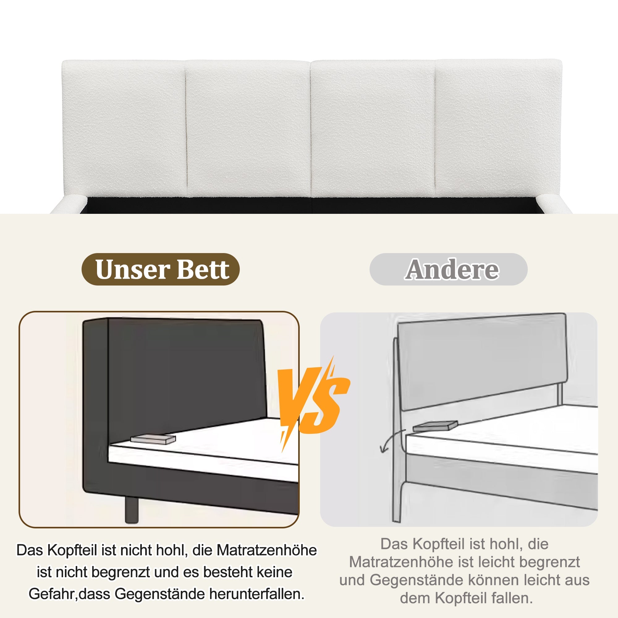 Upholstered Double Bed with Hydraulic Storage and Slatted Frame, 180x200cm, Beige Bouclé