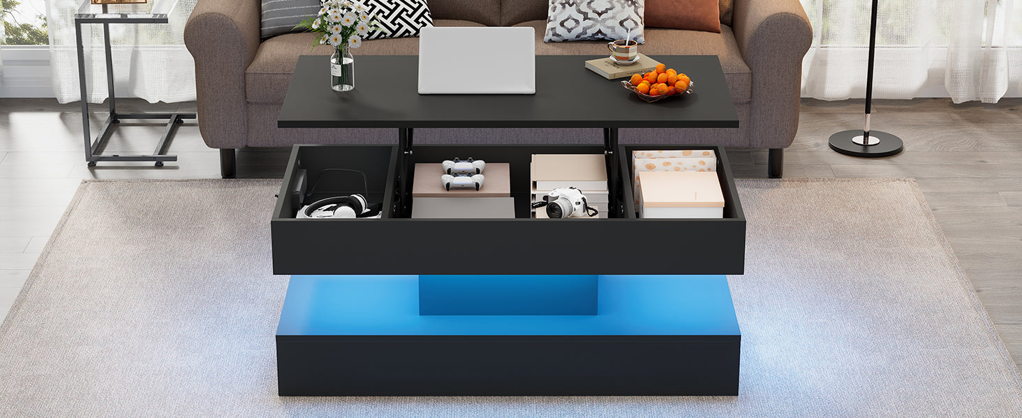 Modern Coffee Table with LED Lighting, Hidden Storage & Hydraulic Lift