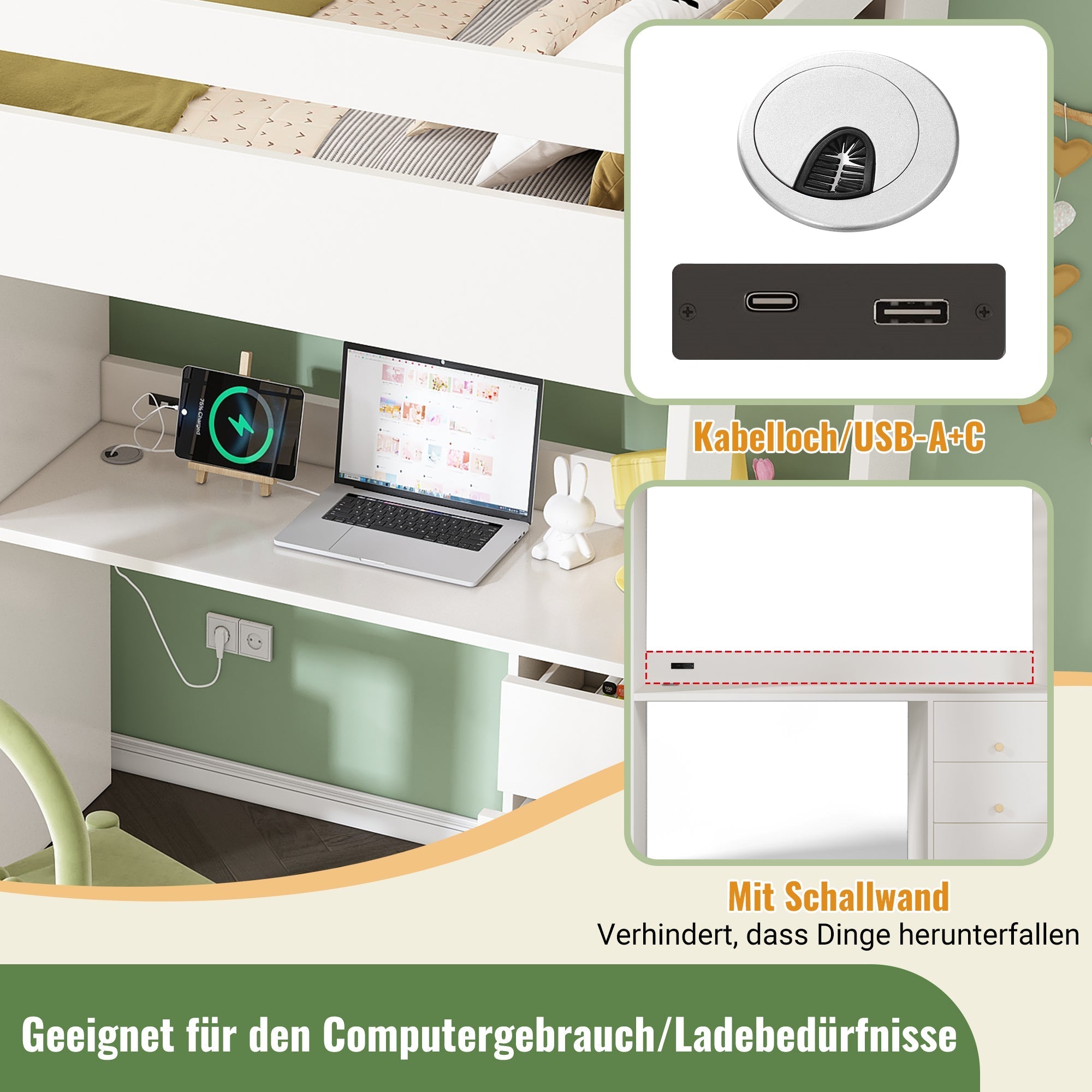 Children's Loft Bed, USB-C Desk, Wardrobe, Filing Cabinet, Stairs, Slatted Frame, Storage, 90x200
