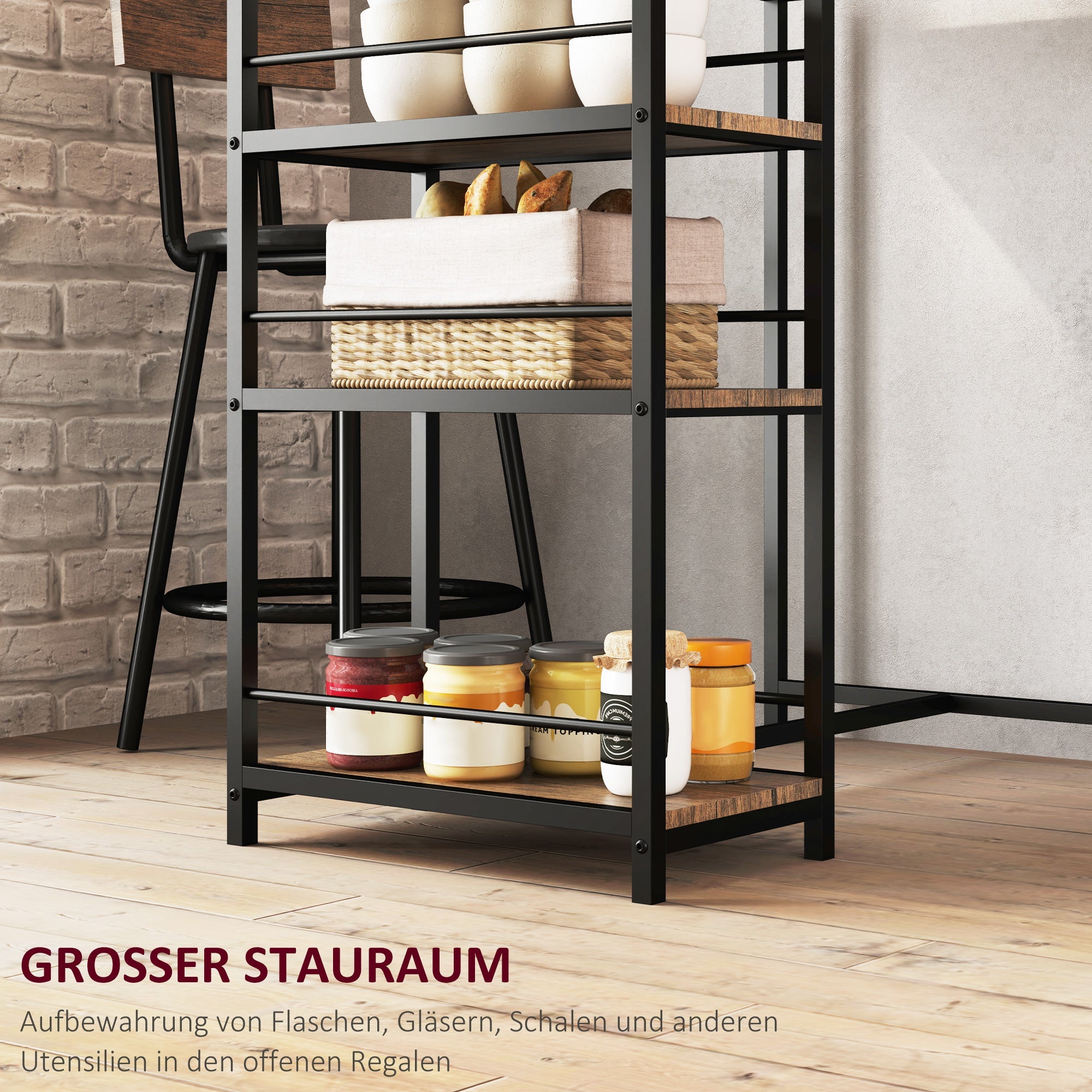 Bar Table with Bar Stool Set, 3-Piece, 3 Shelves, 2 Stools, Modern Style, Steel/Oak