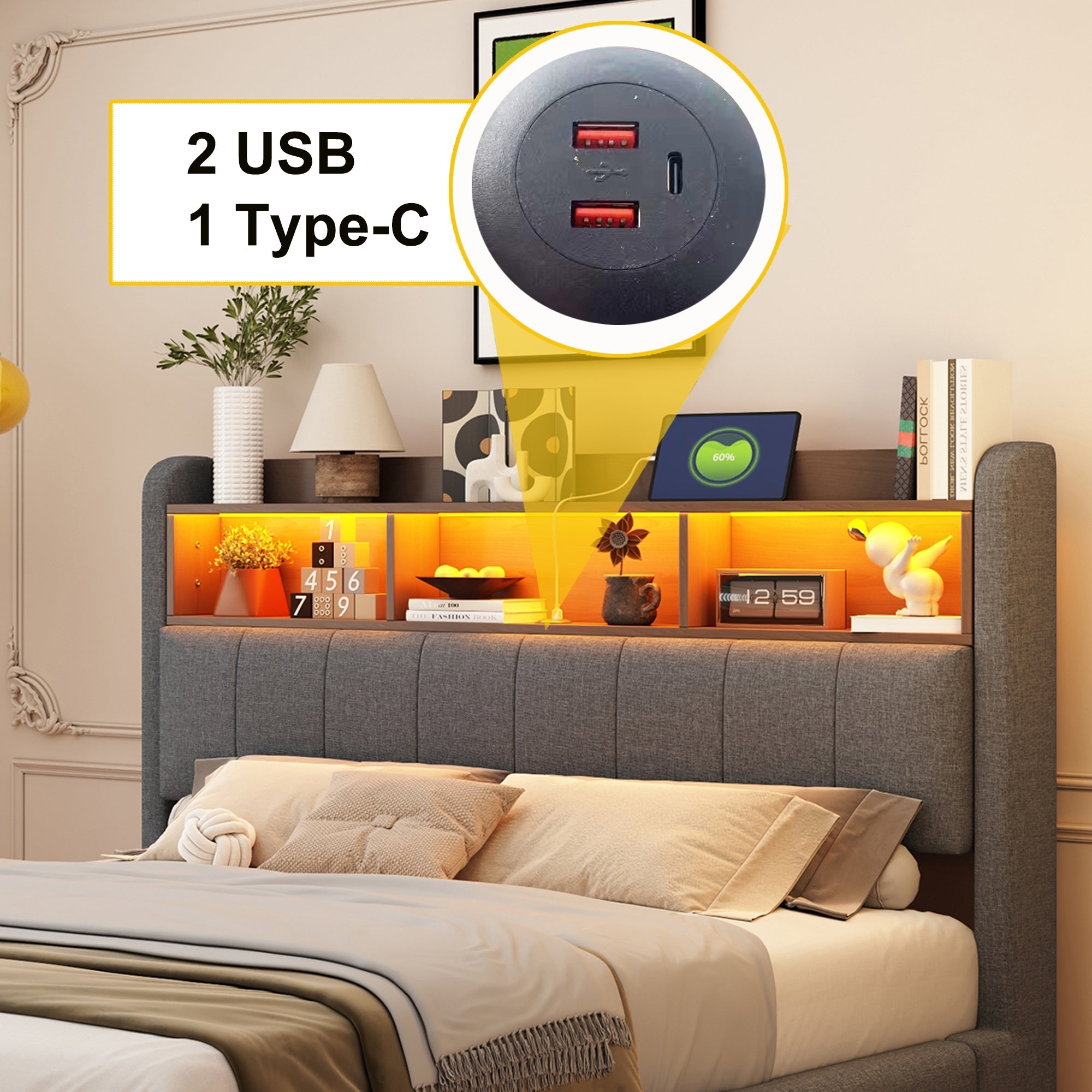 Upholstered Bed with LED Lighting, USB & Type-C Ports, and Headboard Storage, Grey