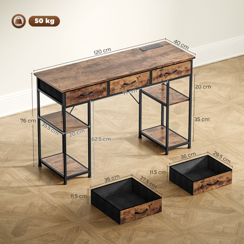 120cm Computer Desk with Power Outlets, Drawers and Storage Shelves, Rustic Brown