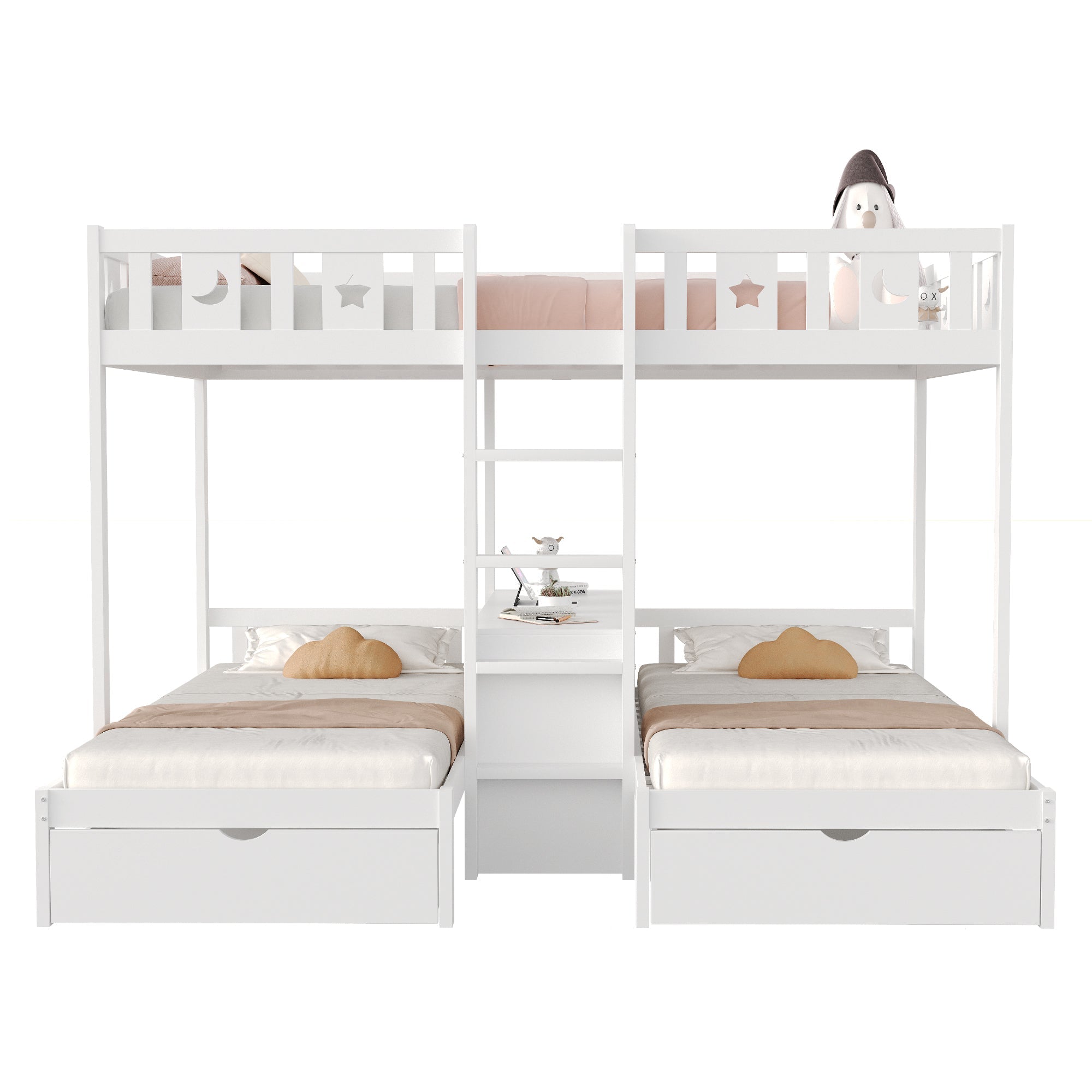 Triple Bunk Bed with Storage Stairs, Drawers and Star Moon Guardrails, 90x200cm & 140x200cm, White Solid Wood
