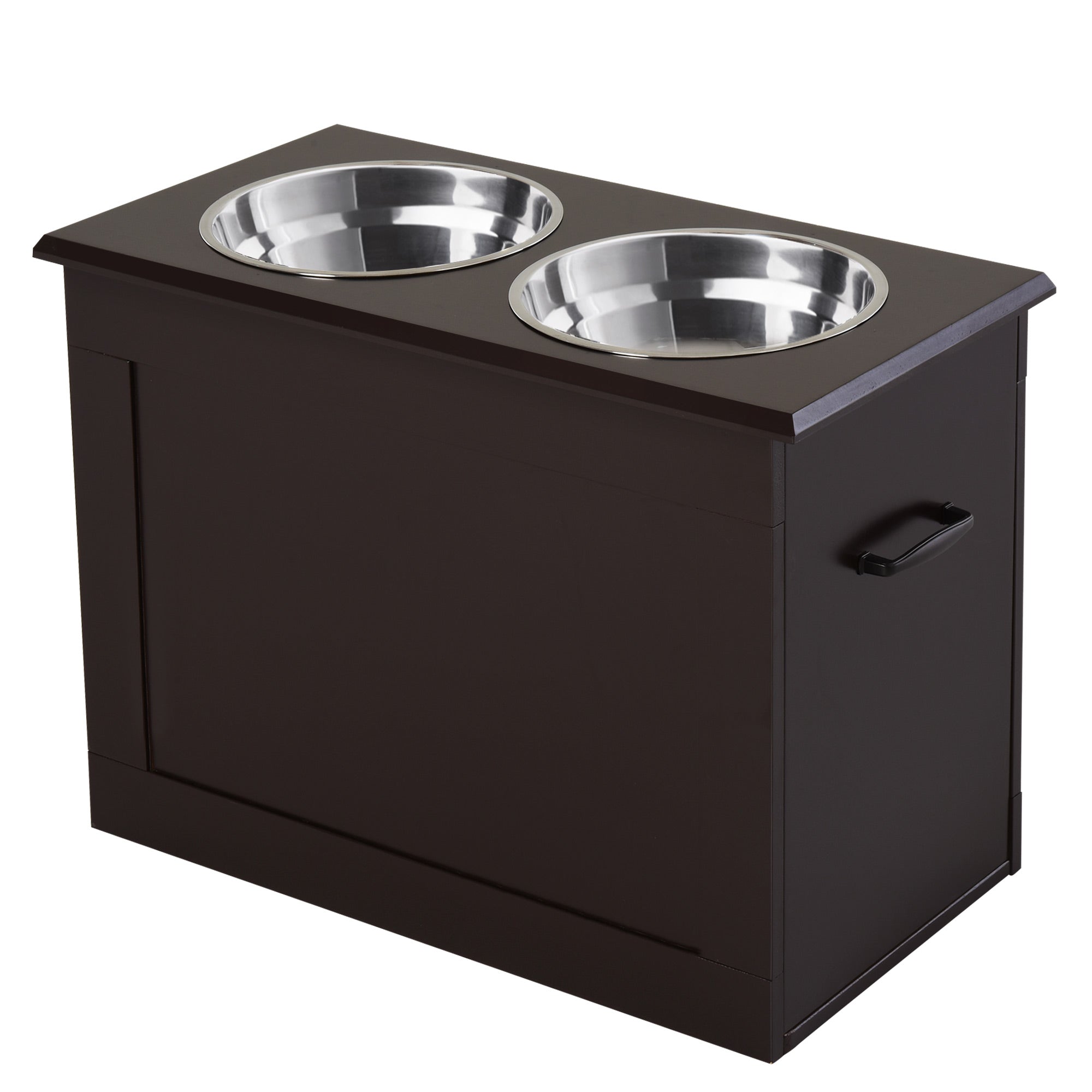 Dog Food Bowl, Elevated Feeder with Storage, 2 Stainless Steel Bowls, Espresso MDF