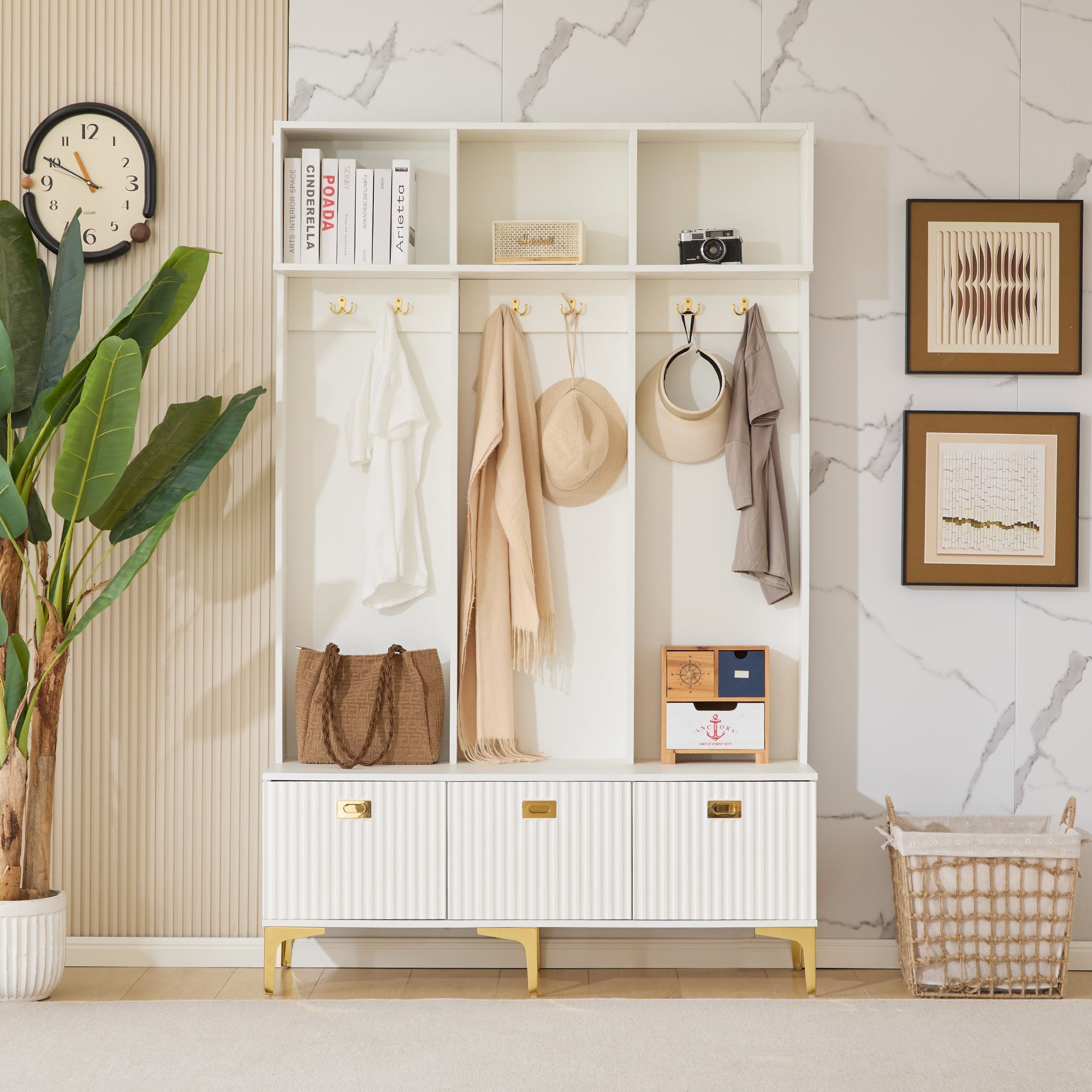 Wardrobe Set with Bench, Multifunctional Storage, 6 Hooks, White