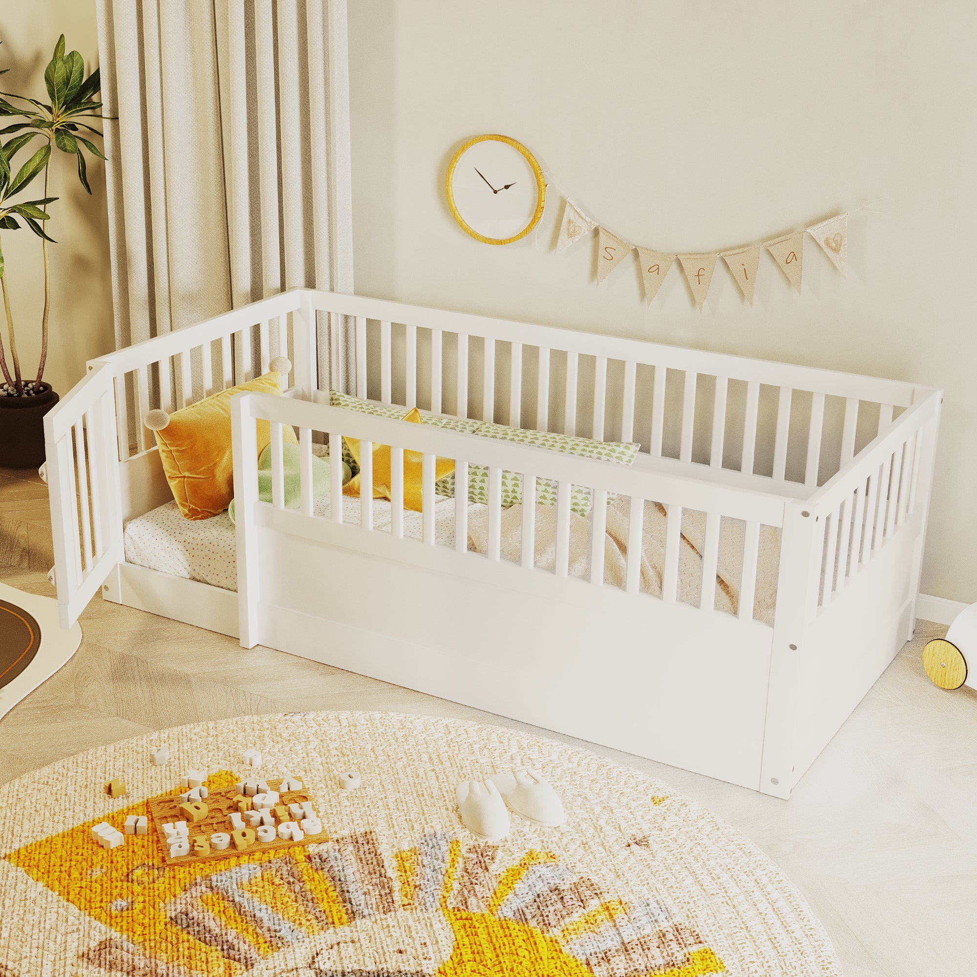 Children's Bed 90x200cm with Railing and Door, White Wood