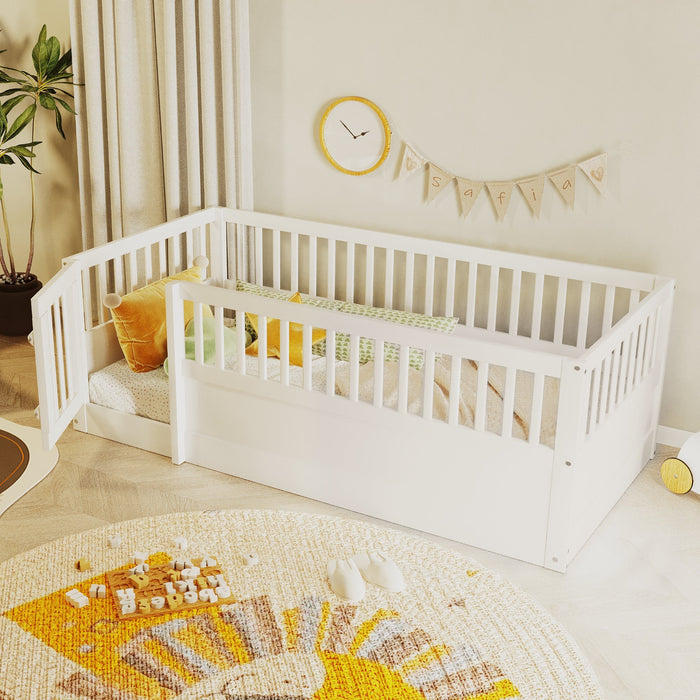 Children's Bed 90x200cm with Railing and Door, White Wood