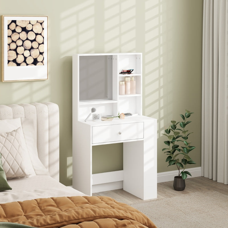 Dressing table with mirror, drawer, 3-tier side shelf, white chipboard