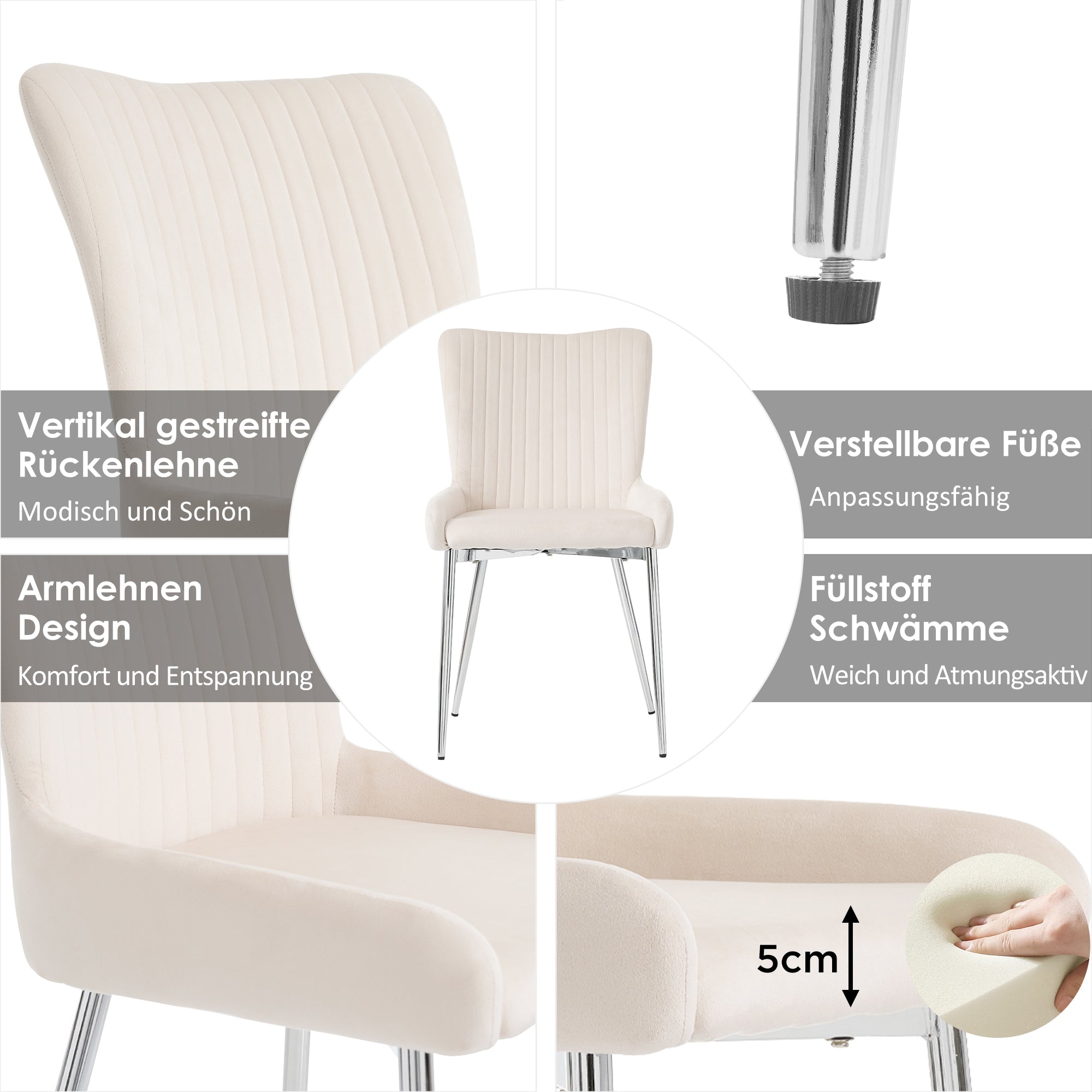 Velvet Dining Chair Set of 6 with Silver Metal Legs and Lumbar Support, Beige