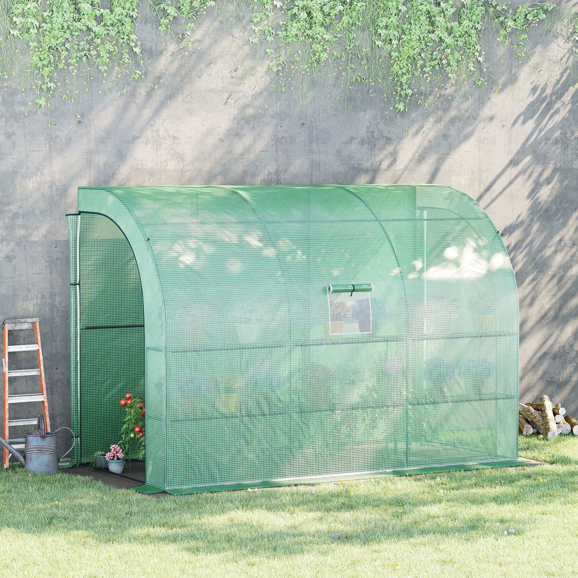 Walk-In Lean to Greenhouse with Windows, Zippered Doors, 2 Tiers 6 Shelves, Green