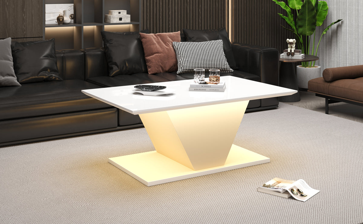 Coffee Table 100x50x46cm Special Shape LED High-Gloss White V-Shape