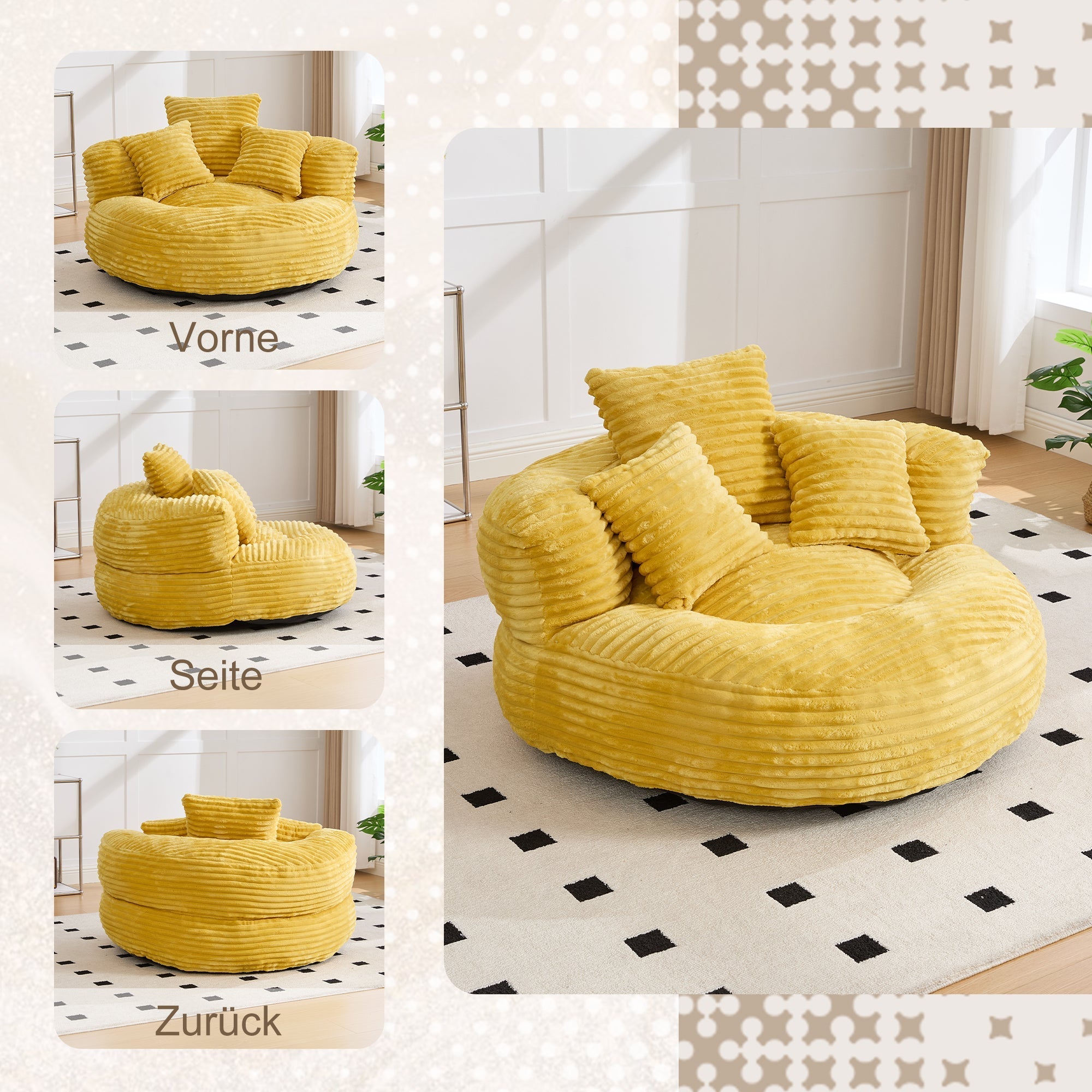 Beanbag High Back Lounger with 3 Cushions - Corduroy