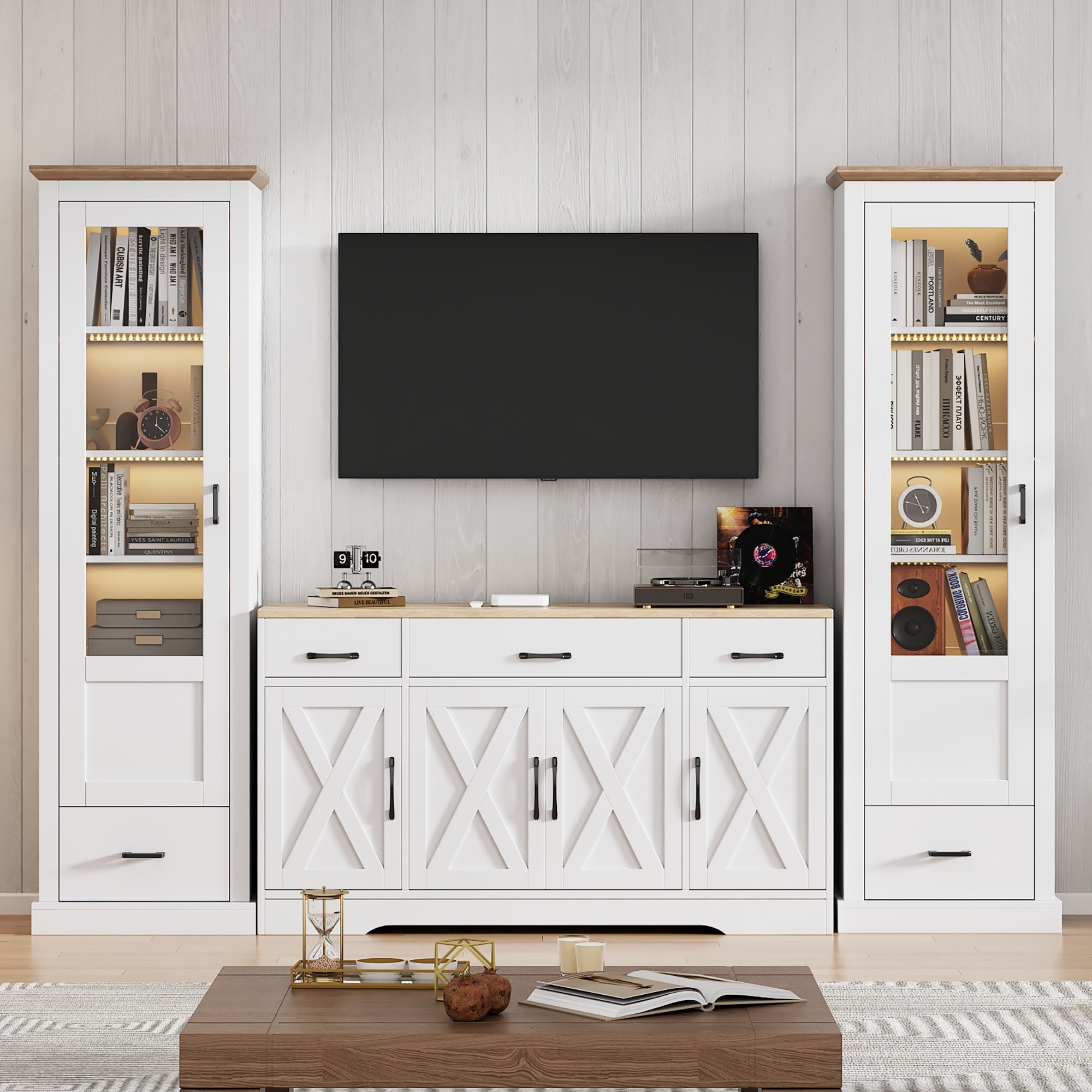 Living Room Set Combo, LED Display Cabinets and Multifunctional Sideboard, Matte White