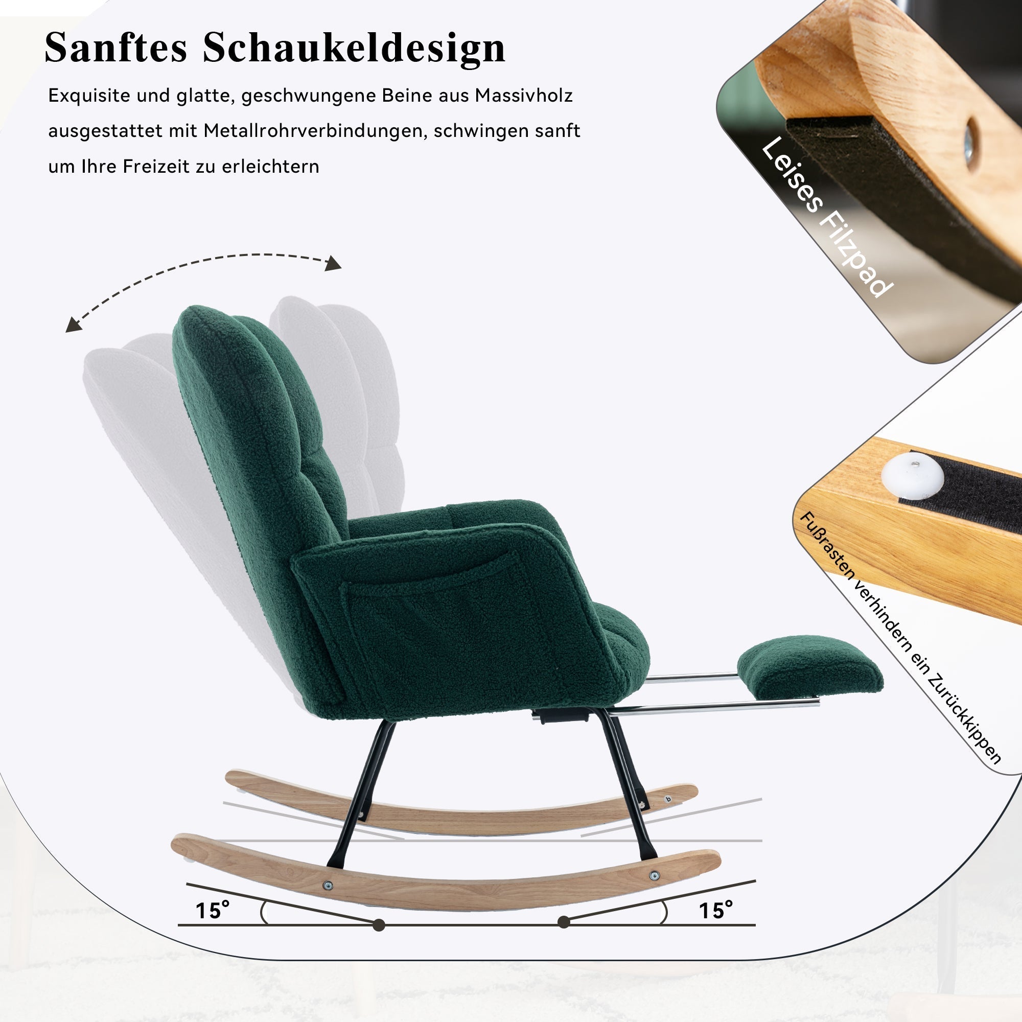009B Rocking Chair, Modern Upholstered, Extendable Footrest, Green Teddy Fabric