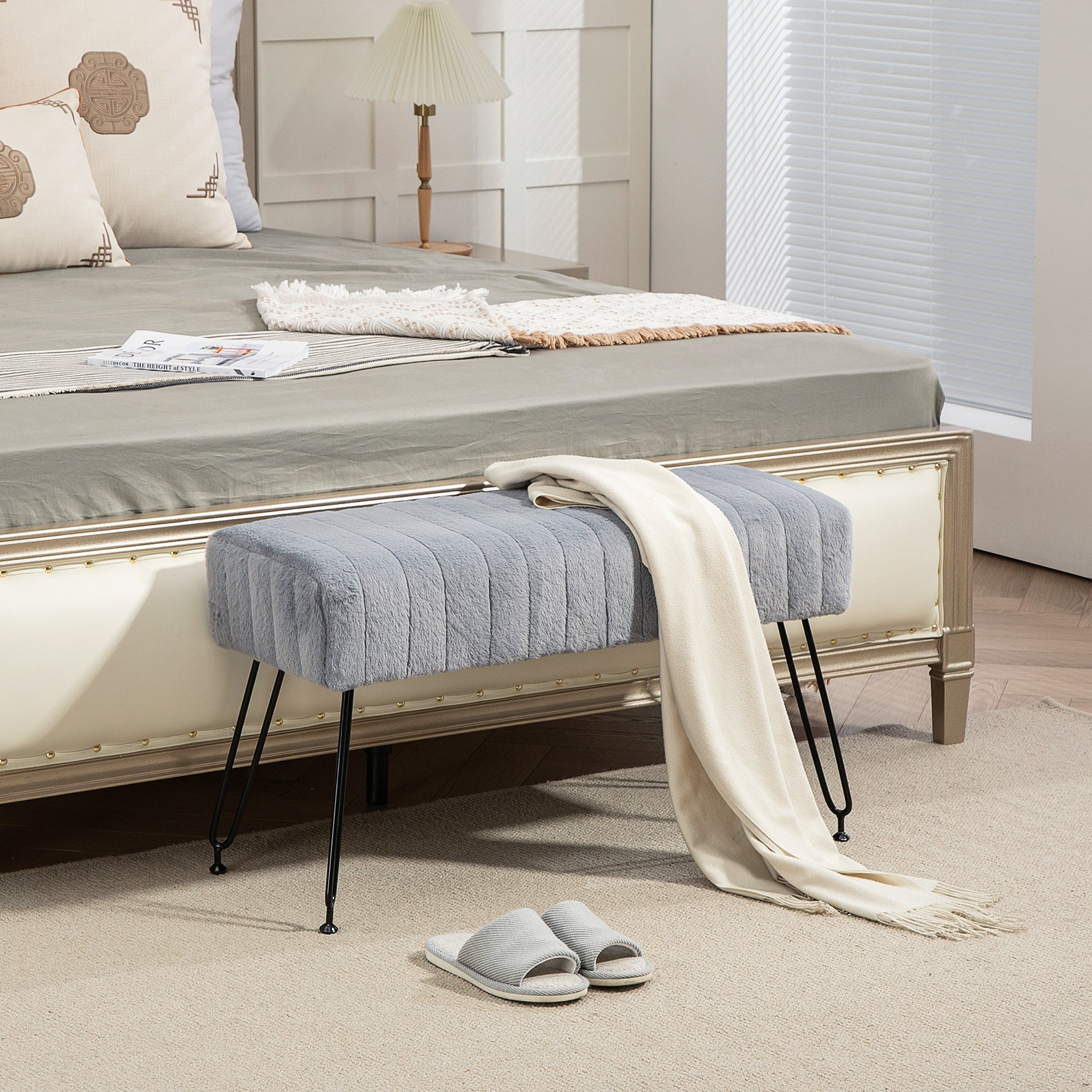 Upholstered Bench, Faux Fur, 82 x 30 x 47 cm, Gray