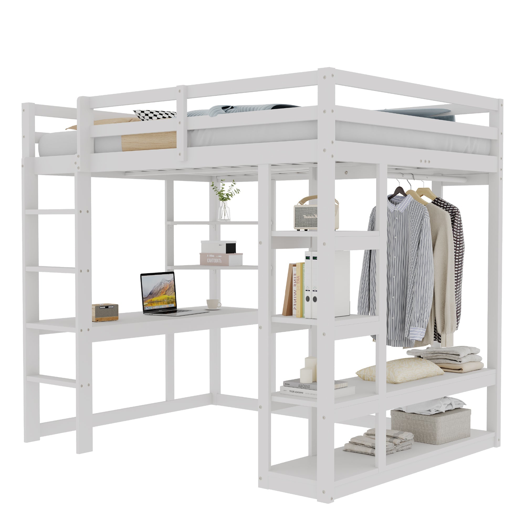 Loft Bed with Desk and Shelves, Solid Wood White and Grey