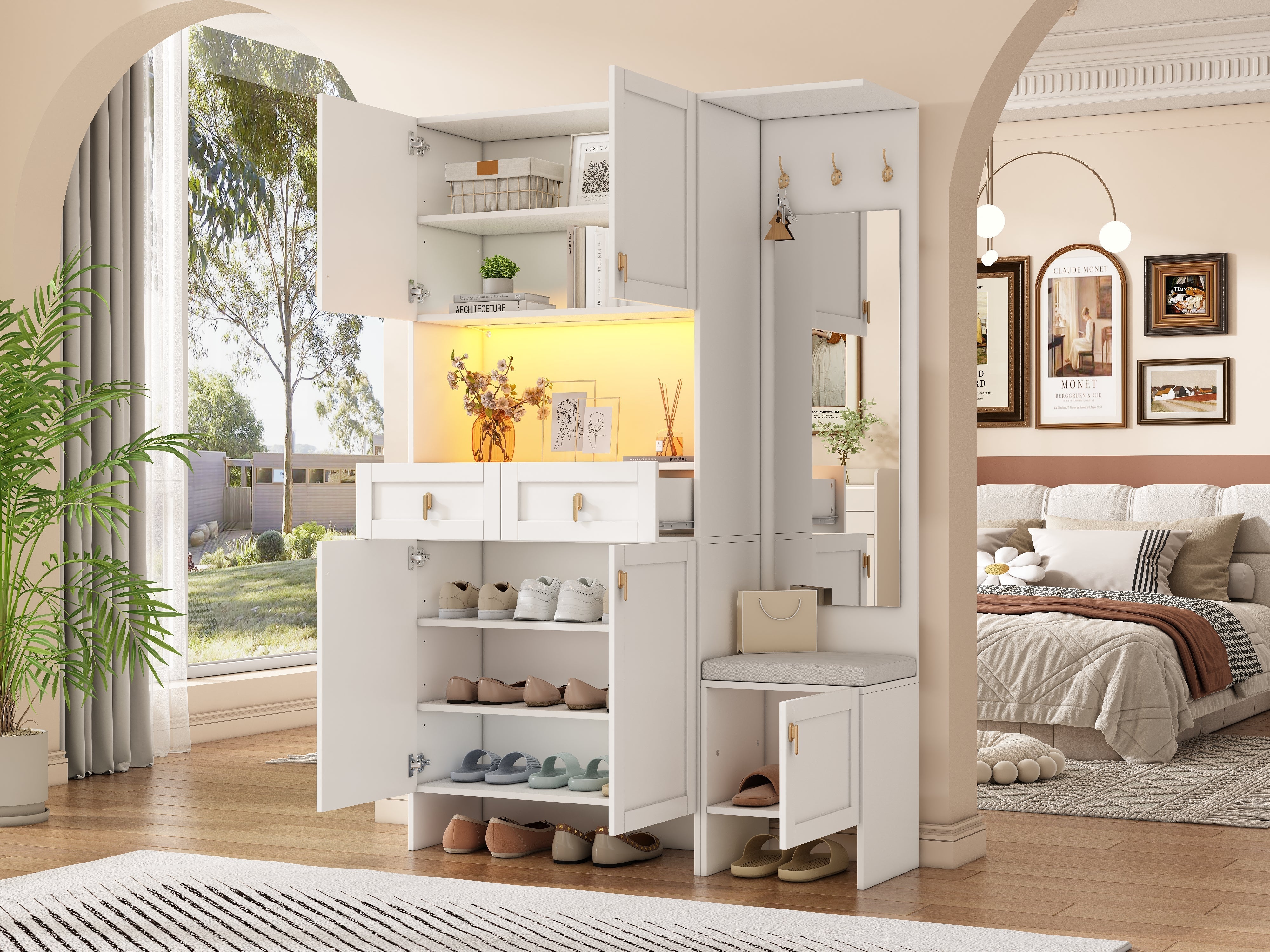 Wardrobe Set Shoe Bench Shoe Cabinet Mirror Storage - White