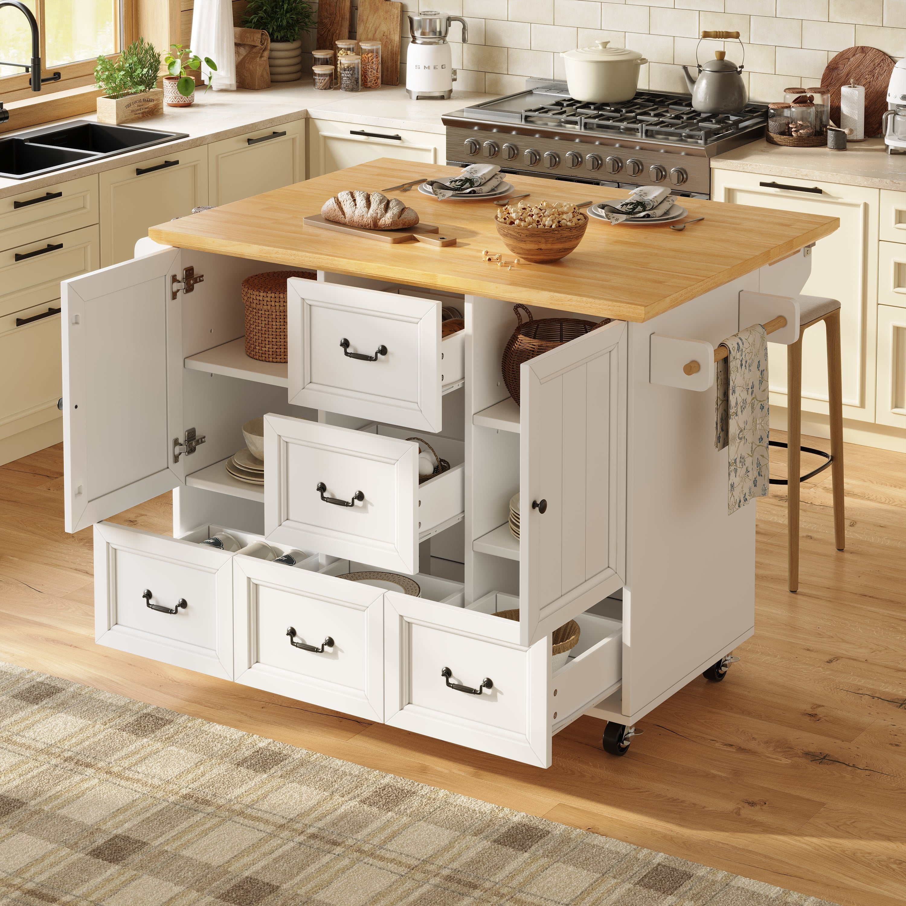 Kitchen Island Extendable Trolley 5 Drawers Towel/Spice Rack - White/Black