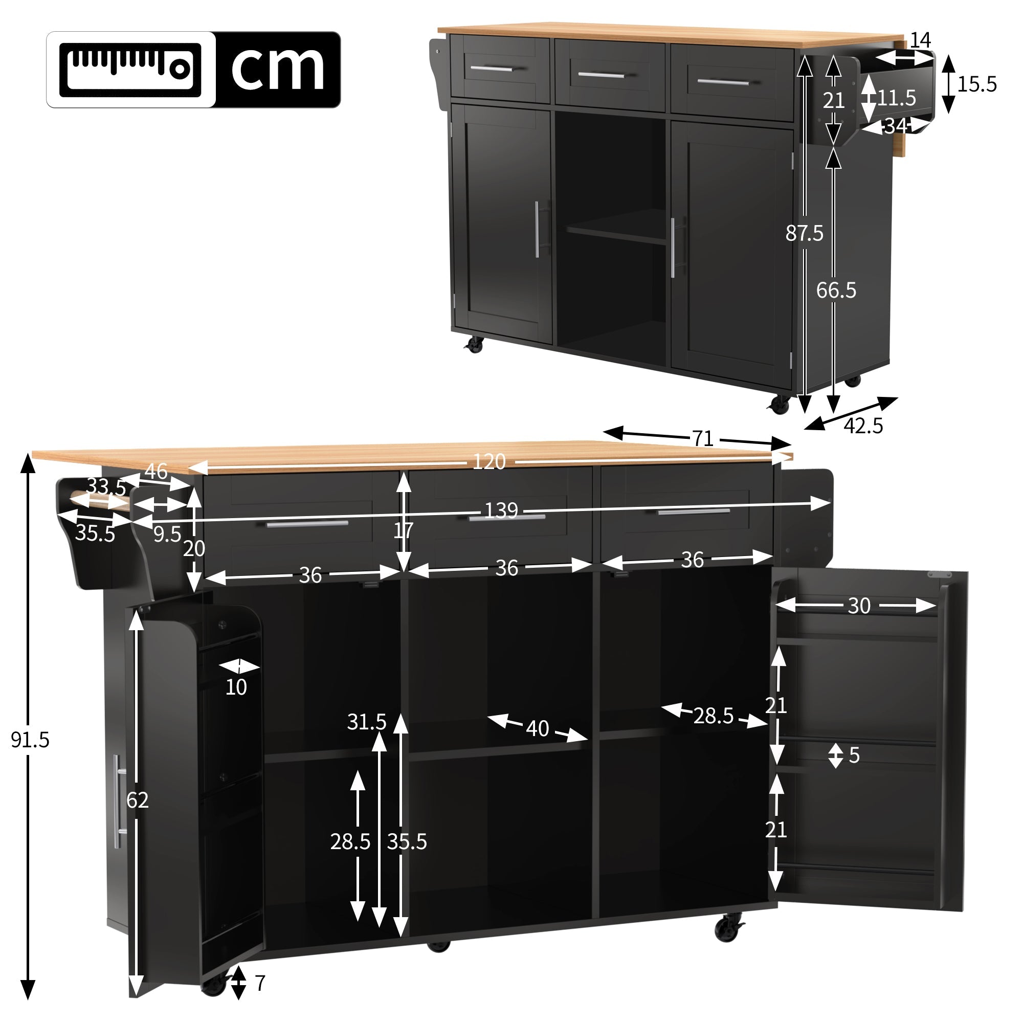 Dining Trolley/Sideboard with Fold-Down Worktop and Storage Casters, Black Solid Wood Grain