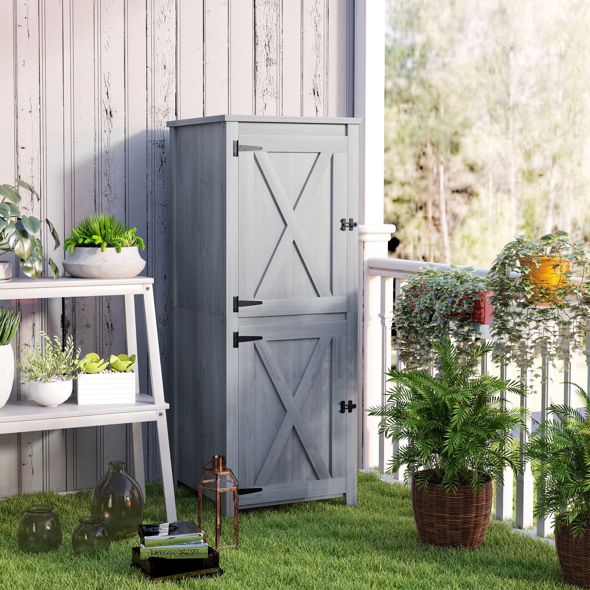 Wooden Garden Shed, Weatherproof Double Door 60x60x160cm Lockable Storage, Light Grey
