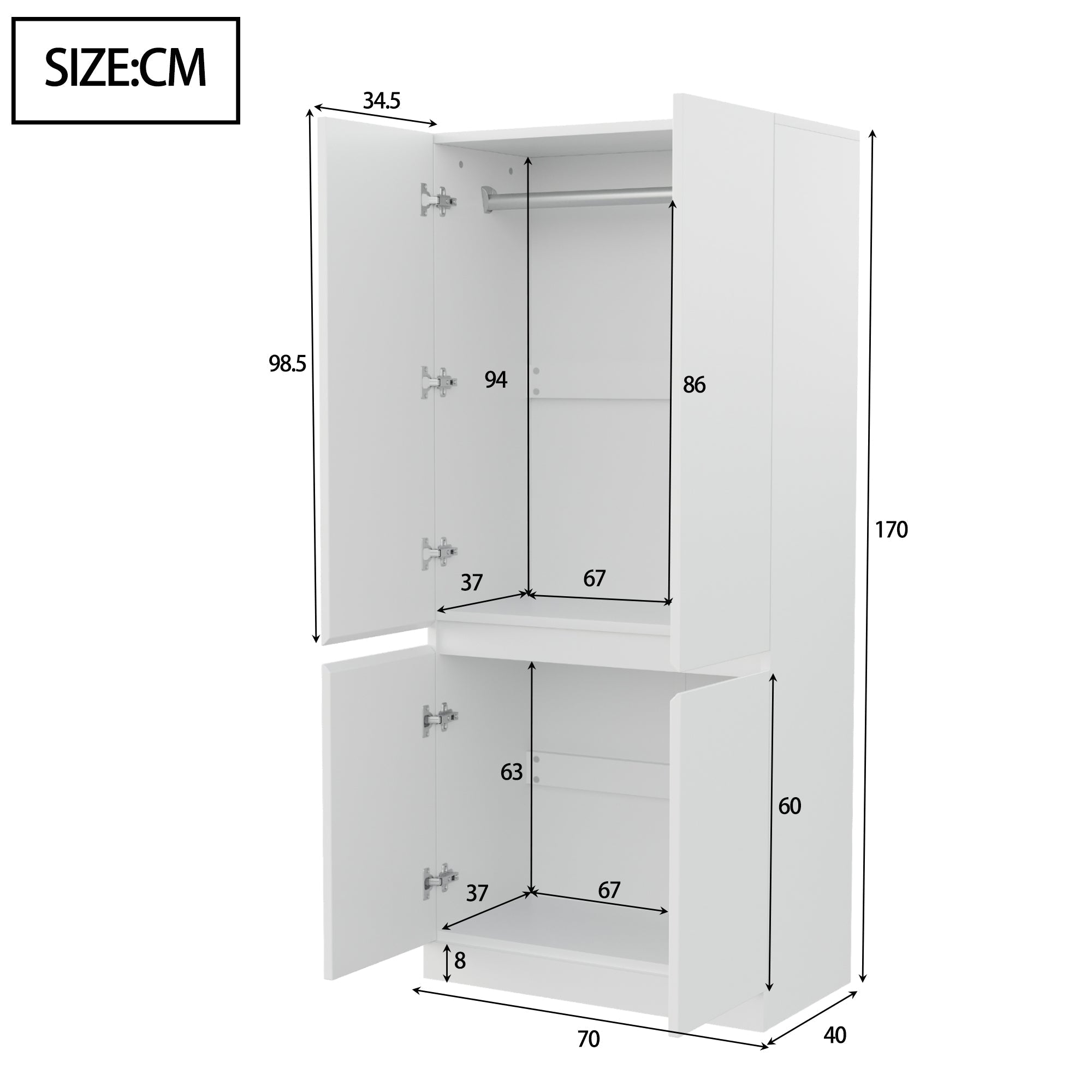 Wardrobe Double Door Large Storage 70x40x170cm, White