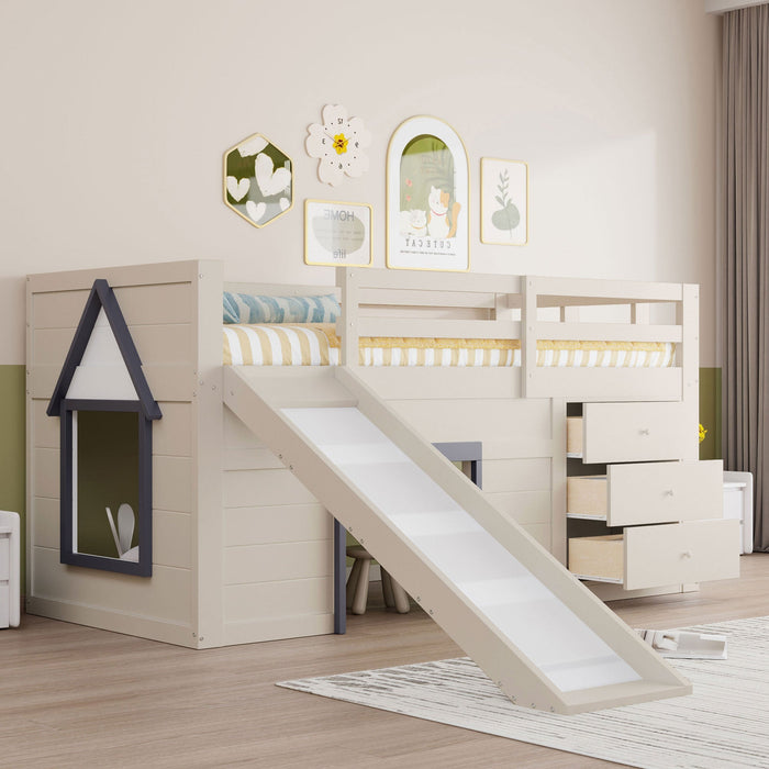 Loft Bed, 90 x 200 with Slide, 3 Drawers & 2 Doors, Cream