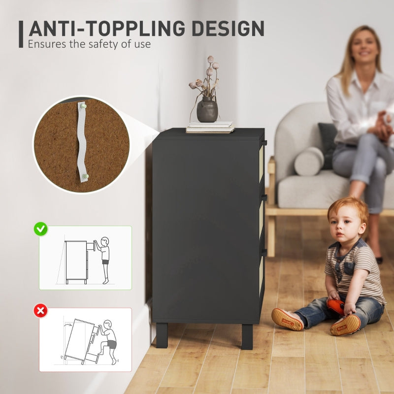 Rattan Chest of Drawers, 3 Drawer Boho Storage Unit, Black