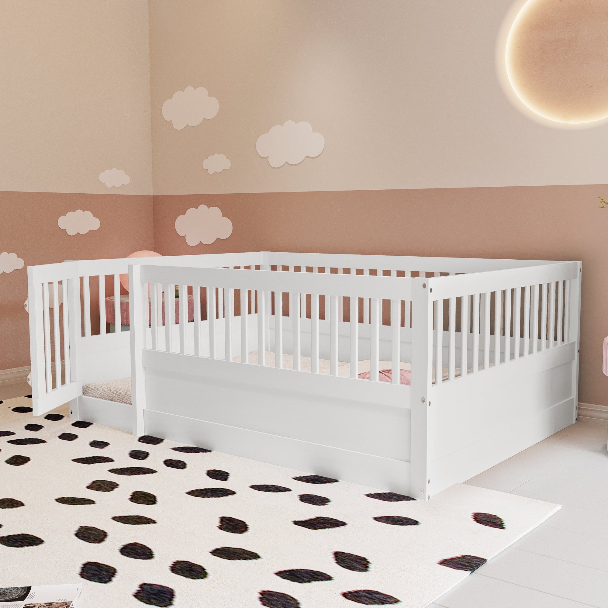 Children's Bed, 140 x 200 cm Wooden Frame with Bars & Door, White