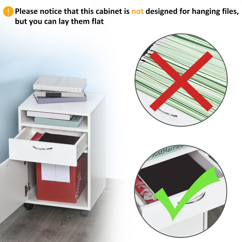 60cm Filing Cabinet with Drawer, Open Shelf, and Wheels, White Engineered Wood