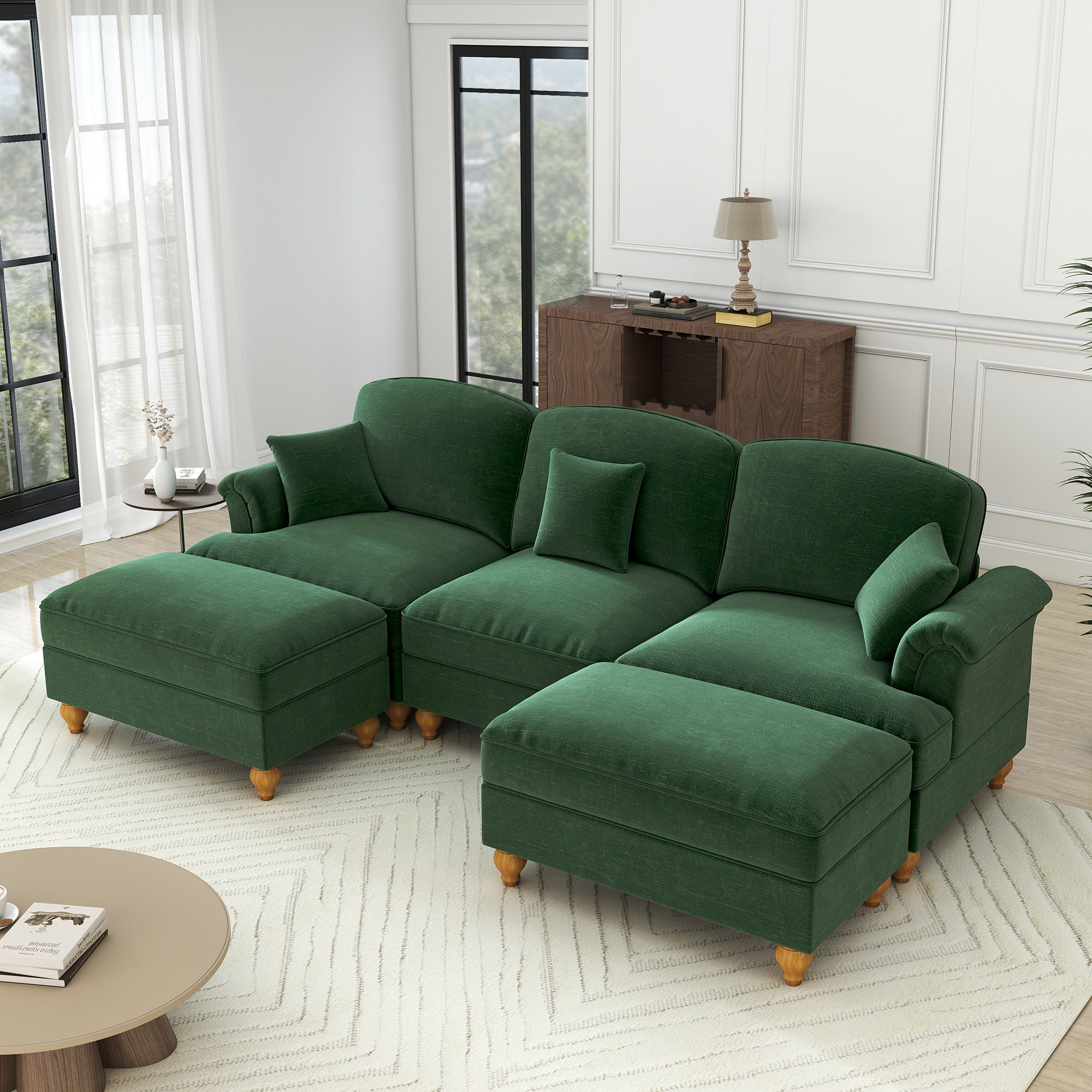 Classic U-Shaped Modular Sofa with Ottoman, Chenille - Green