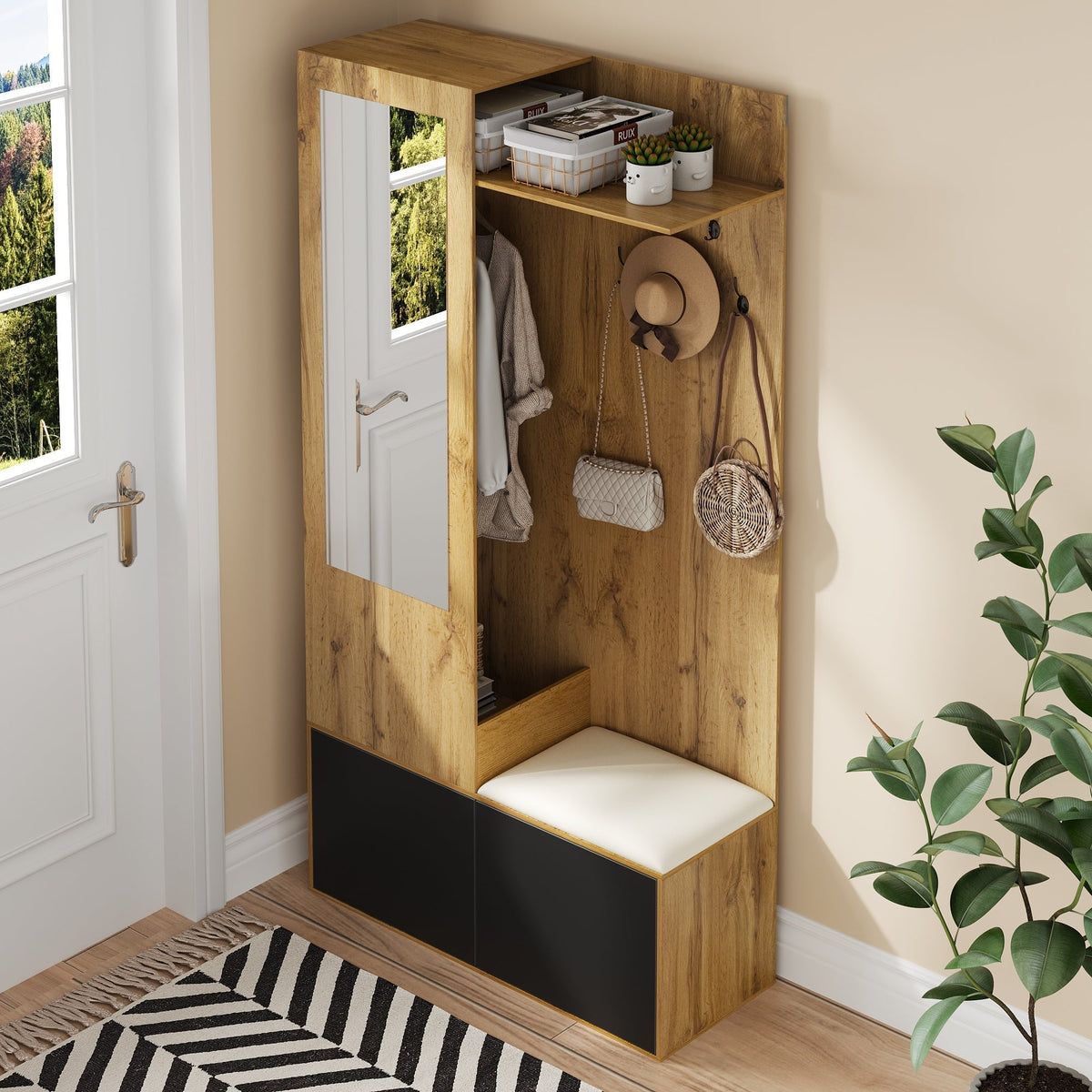 Wardrobe Set with 5 Hooks, Mirror, Shoe Cabinet, Hidden Hanging Area, Hall Bench