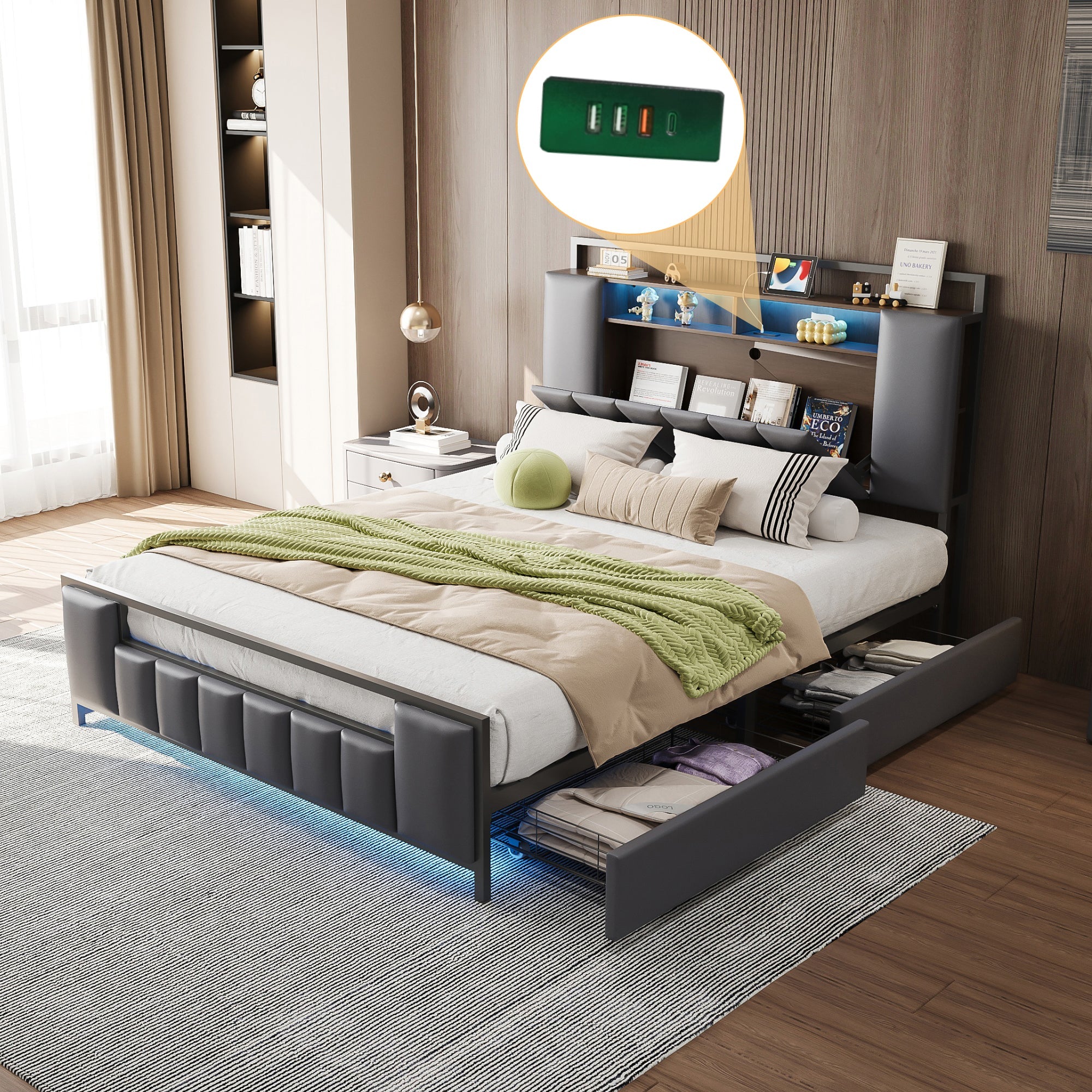 Upholstered Bed, Multifunctional with LED & USB, Drawers, Faux Leather Grey