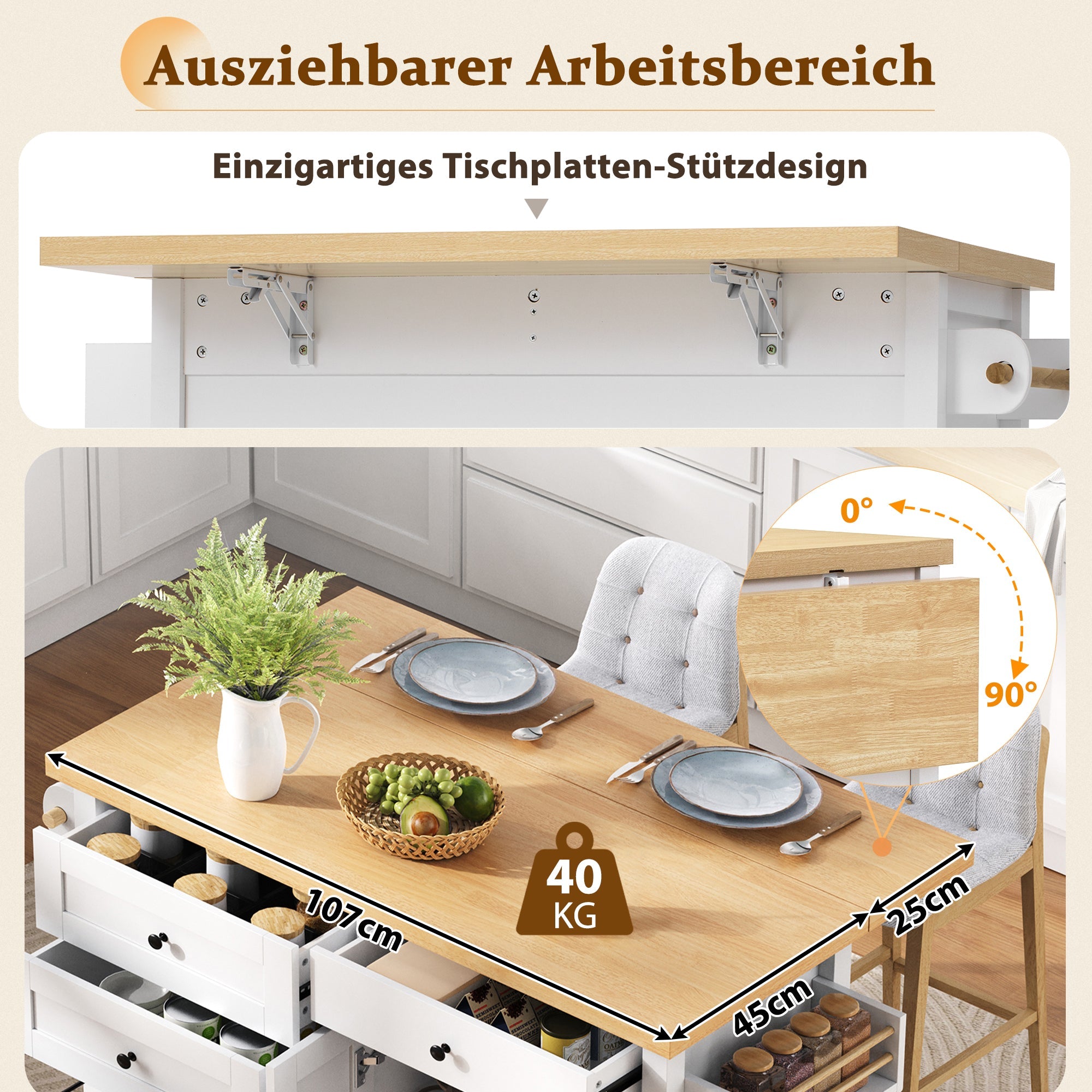 Mobile Kitchen Island, Extendable Dining Table Multifunctional Drawers, White