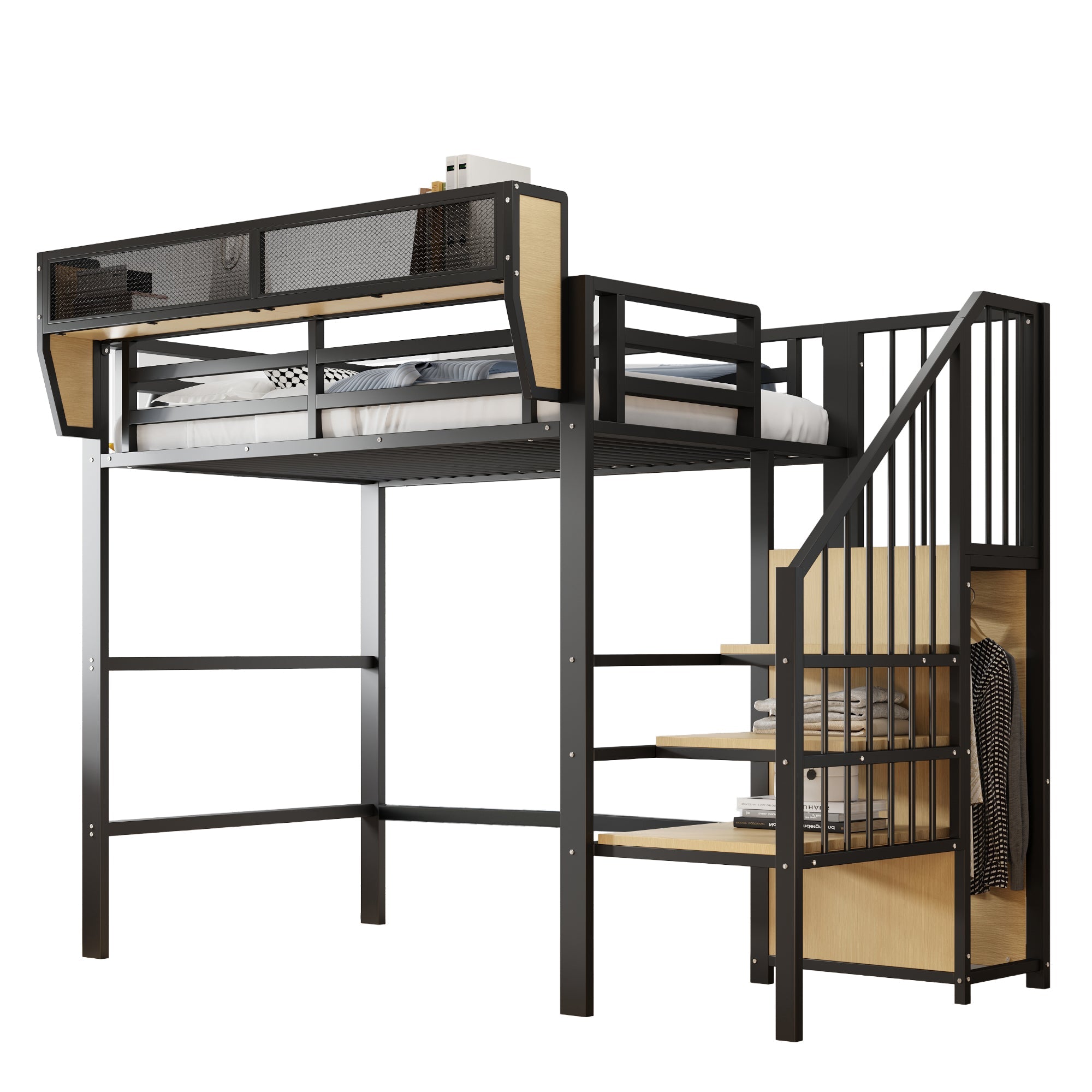 Loft Bed 90x200 with Safety Ladder Storage Bunk Metal, Black