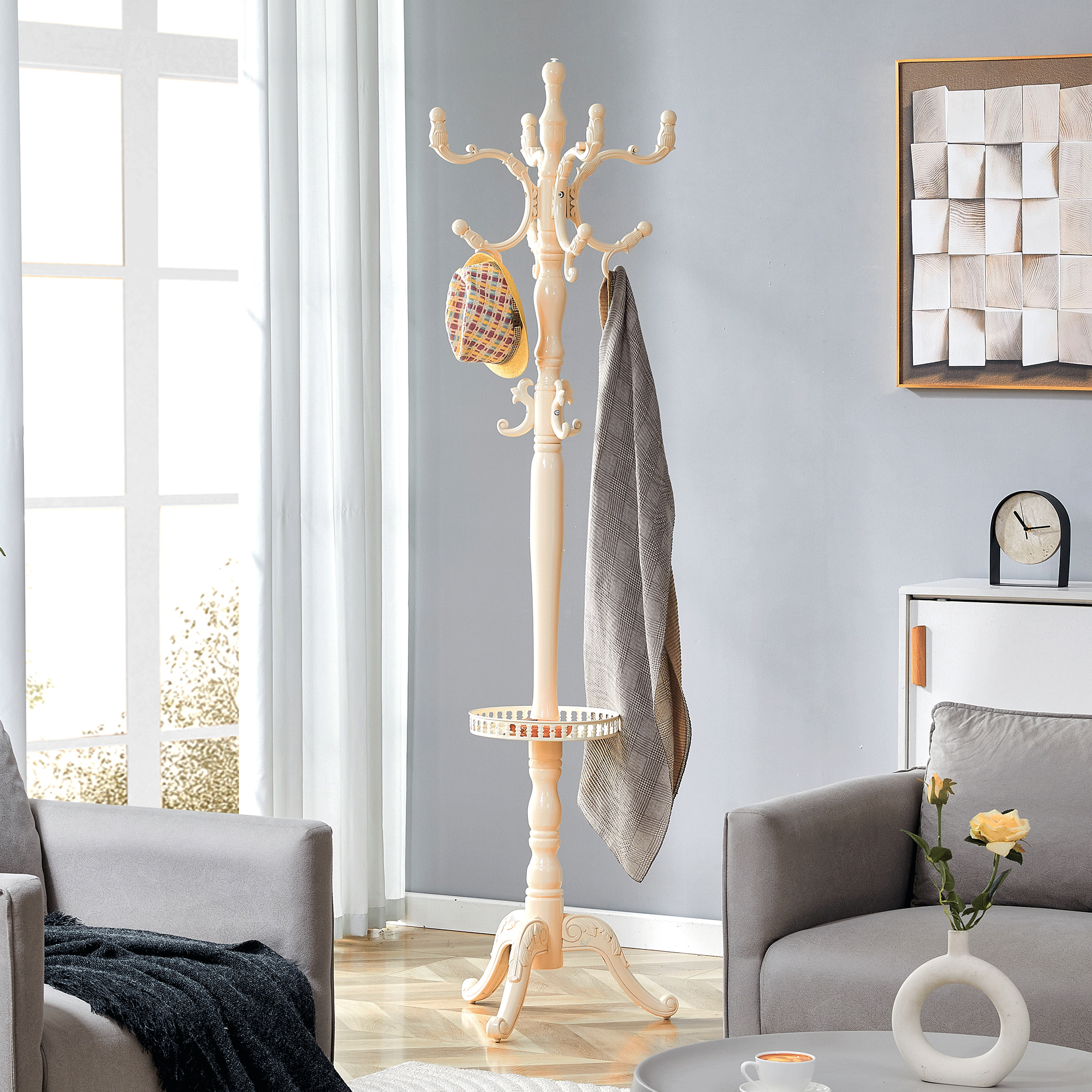 Clothes Rack European Solid Wood Multiple Hooks - Creamy White