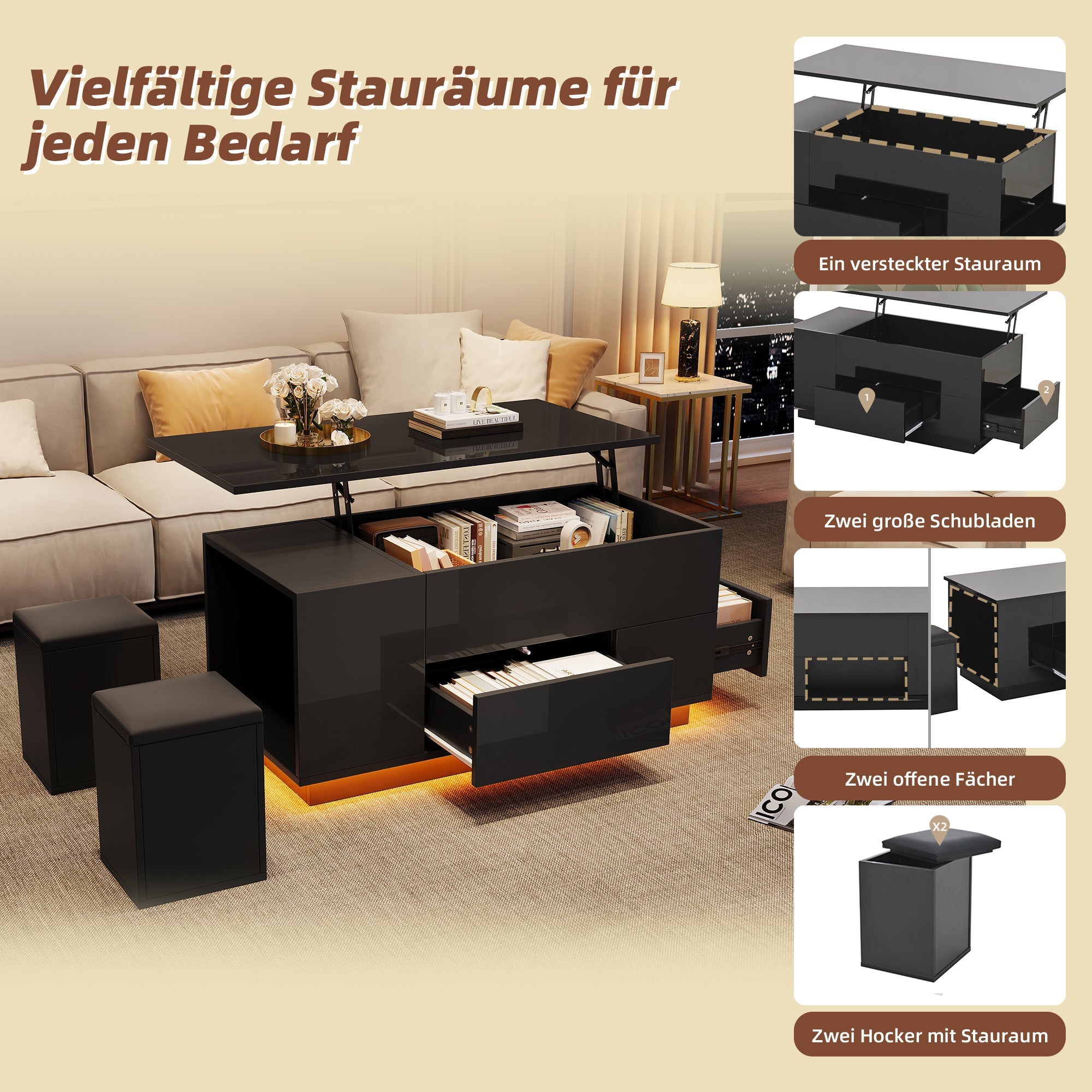 Coffee Table, 4-in-1 Height Adjustable LED with 2 Drawers, High-Gloss Black