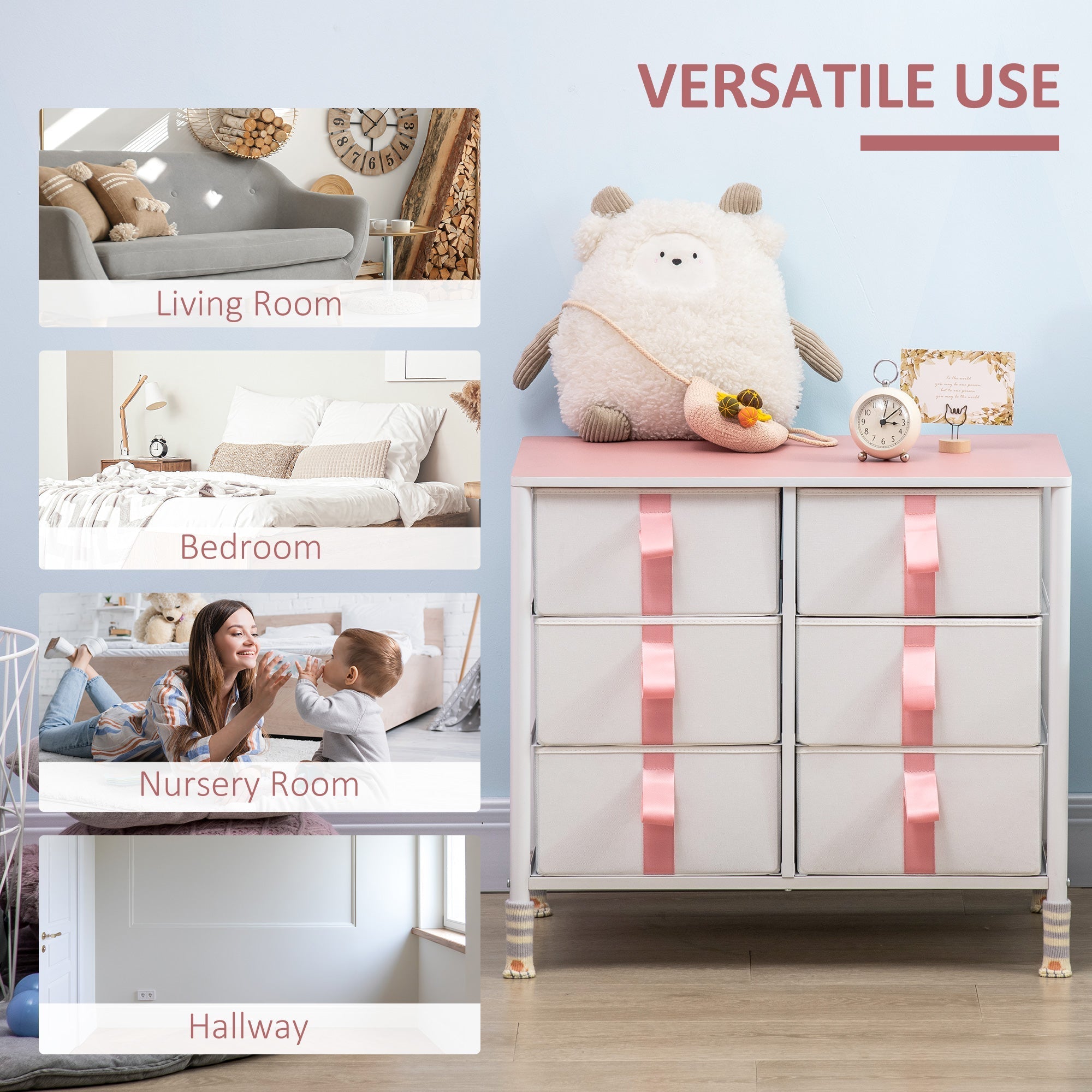 Chest of Drawers: 6 Fabric Drawers, Metal Frame, Wooden Top, Pink