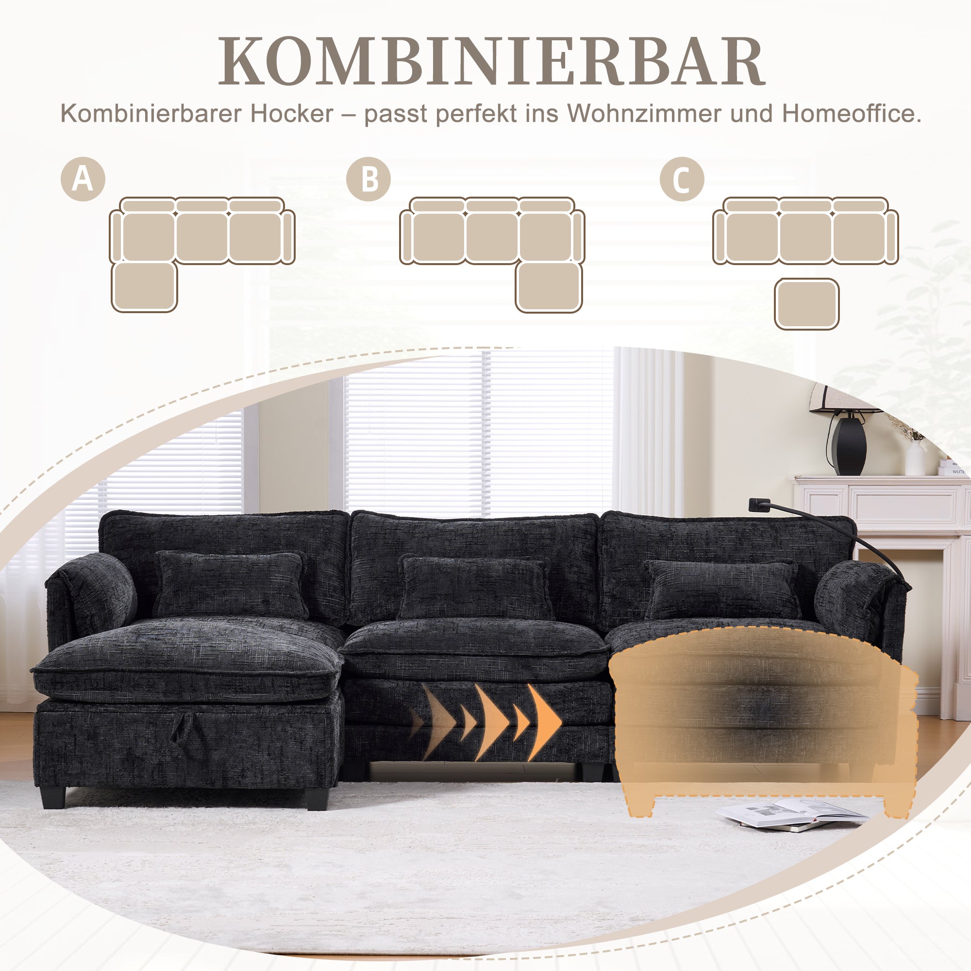 2-Seater Sofa USB Port Modular Footstool - Chenille Black