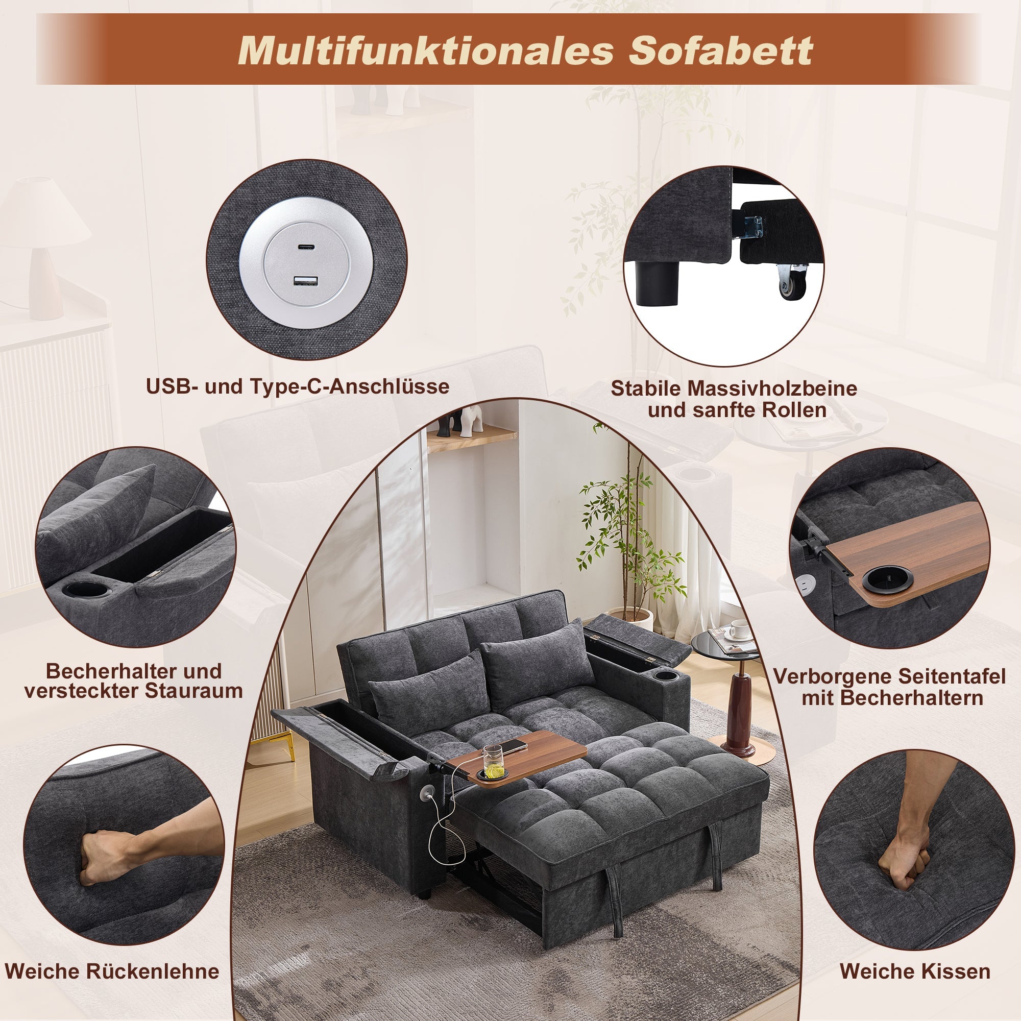 3-in-1 Sleeper Sofa Adjustable USB Hidden Table Cup Holder, Grey
